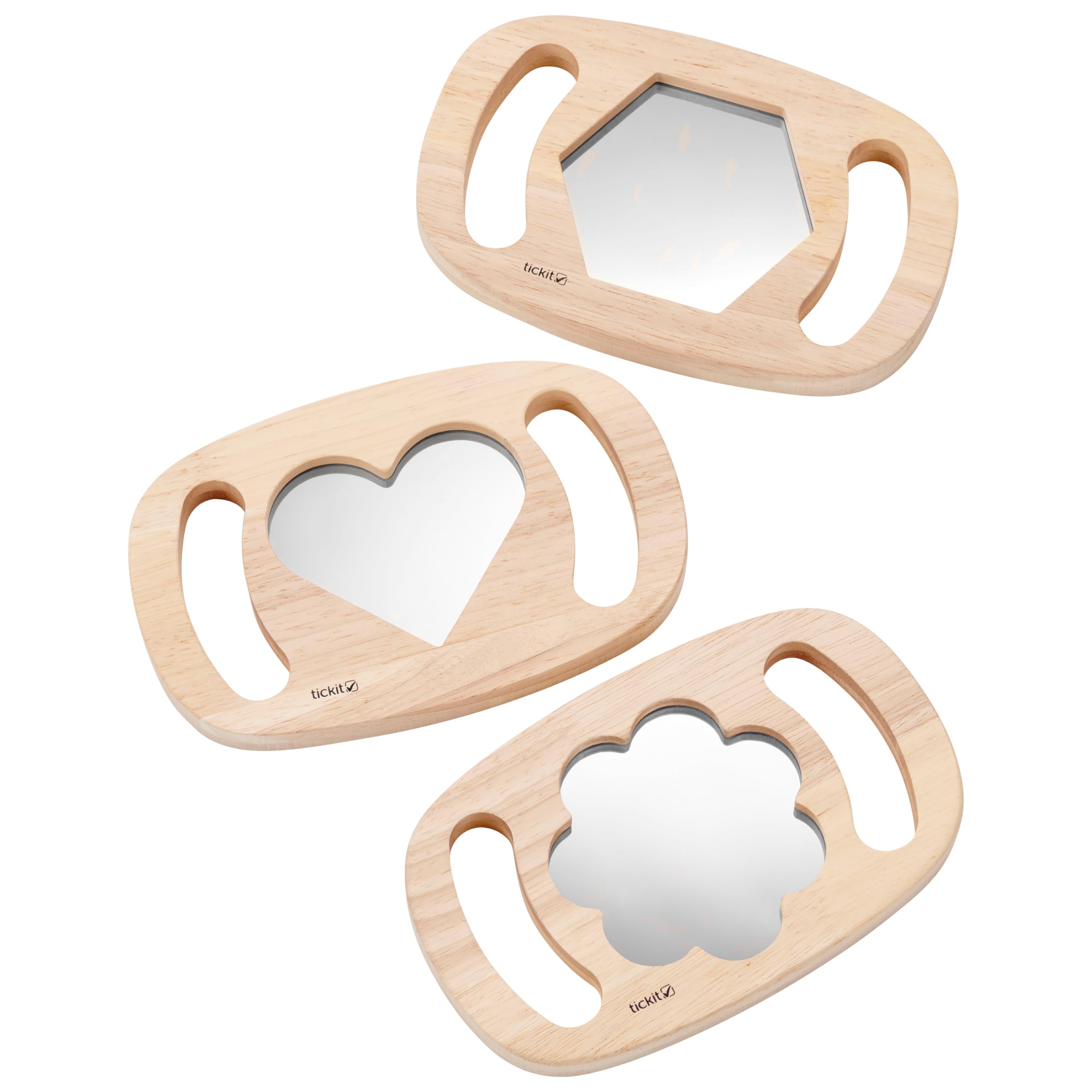 tickit easy hold shape mirrors – 3 pcs wooden mirrors in hexagon, heart and flower shapes, FSC rubberwood frames for self-reflection, sensory play and early learning