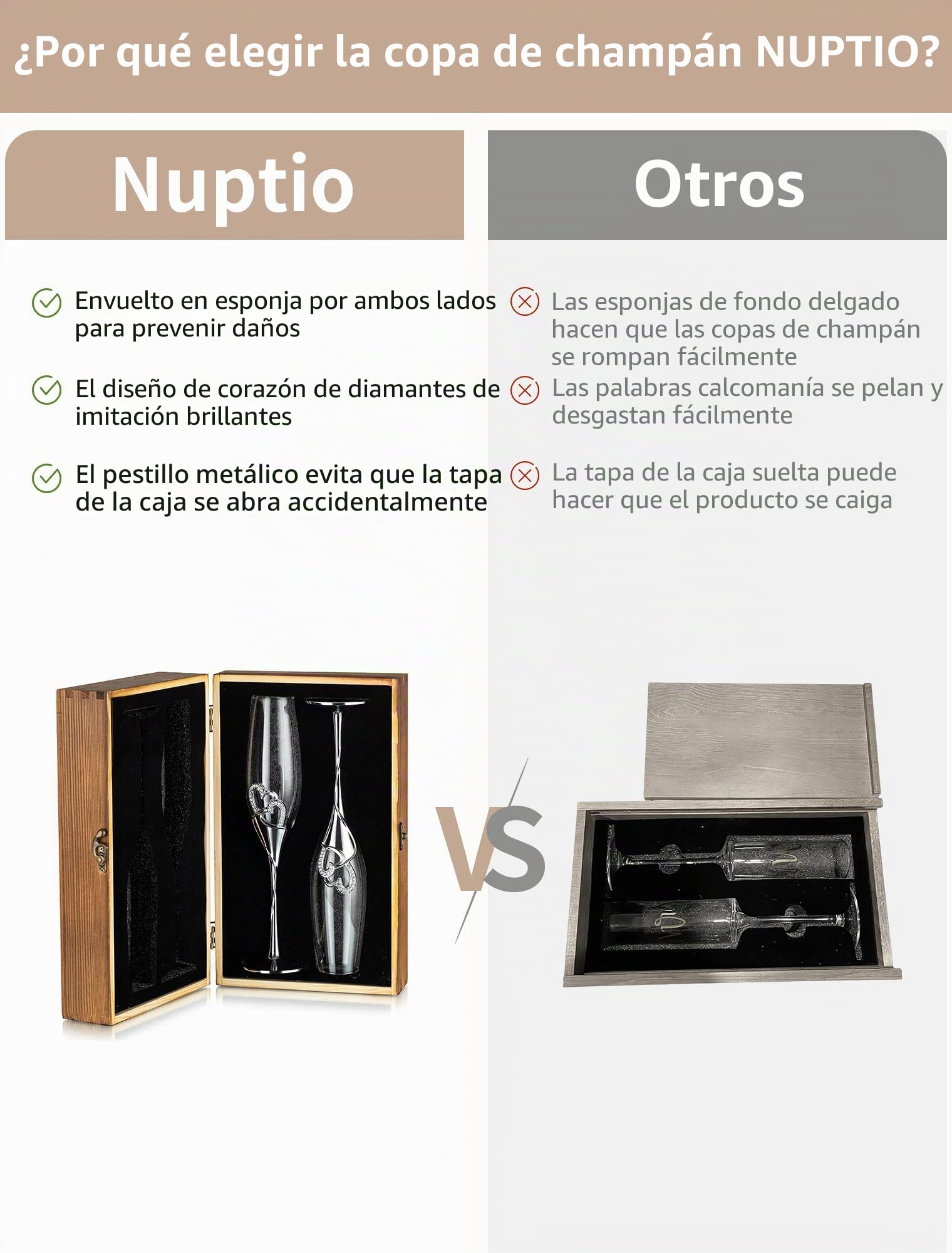 Nuptio Copas champán personalizadas para bodas: con Caja Regalo Madera, Juego De 2 Copas Prosecco Cristal, Regalo de plata de Compromiso, Brindis, Aniversario y Fiesta Despedidas De Soltera