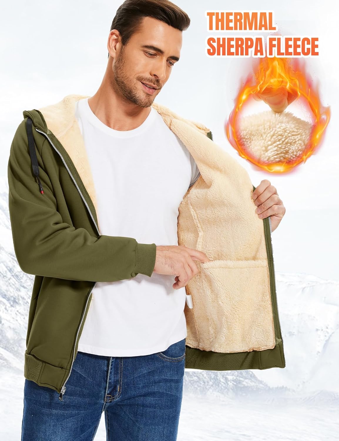 Flygo Sherpa Hoodies for Men Zip Up Winter Fleece Lined Hooded Sweatshirt Heavyweight Warm Jackets - Image 2