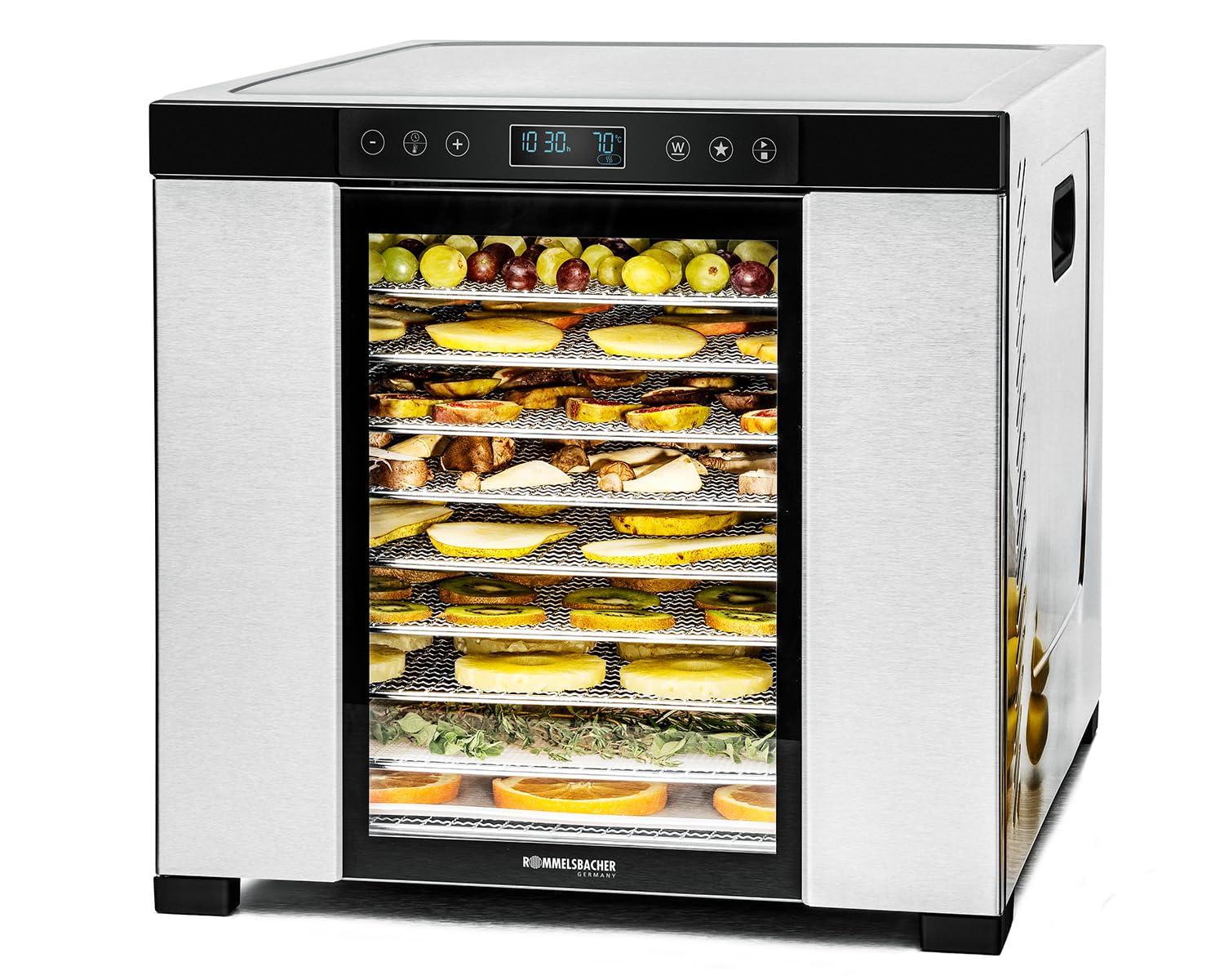 ROMMELSBACHER Dörrautomat DA 1050, Dörrfläche 1,6 m², 10 Edelstahl-Dörrtabletts, Warmhaltefunktion, Favoritenprogramm, 99 Std. Zeitschaltuhr, Temperatur einstellbar (35 °C – 75 °C)
