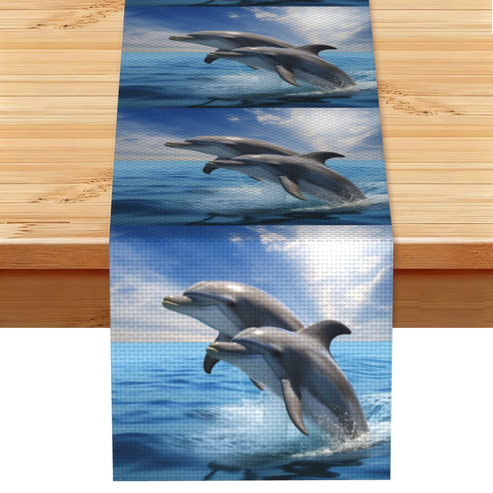 Fodpand Black Rustic Cotton Linen Table Runner, Two Dolphins Table Runners 13 X 72 Inches, Modern Elegant Farmhouse Tablecloth, Washable Kitchen Dining Table Decoration For Home Party Decor