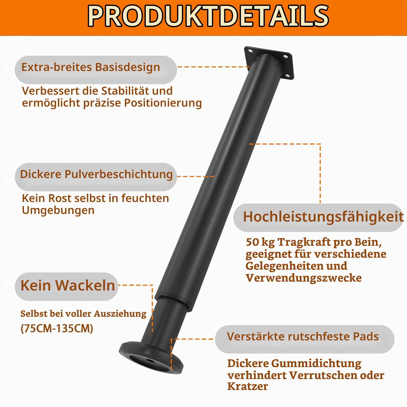 2er-Set Höhenverstellbare Tischbeine (72–110 cm) – Robuste Metallbeine für Schreibtisch, Stehtisch, Küchentisch, Bürotisch, Café & Restaurant – Tragkraft bis 200 kg (Schwarz)