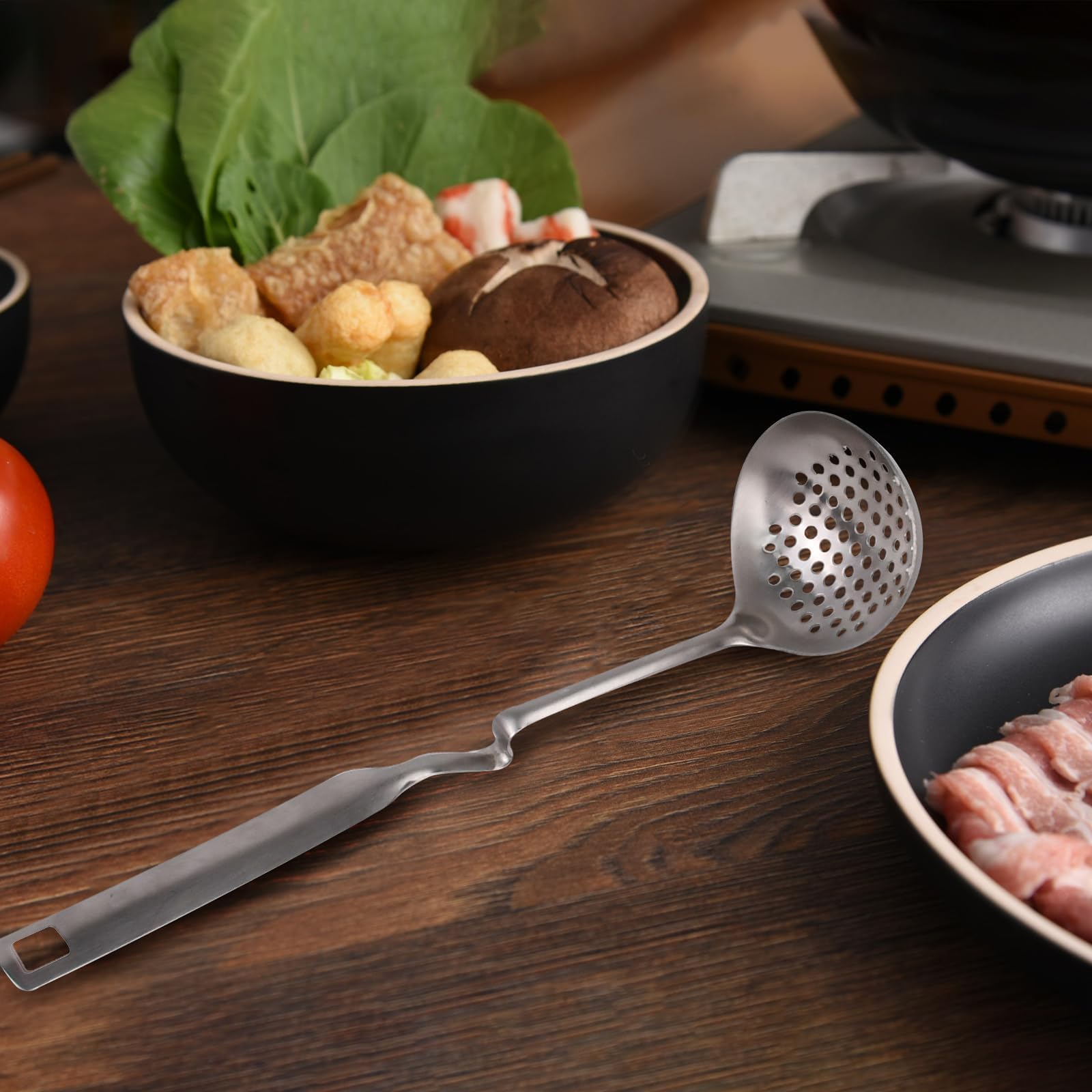 Set di 6 cucchiai per colino, mestoli e pinze per barbecue, set di utensili per Shabu Shabu per campeggio, barbecue e cucina