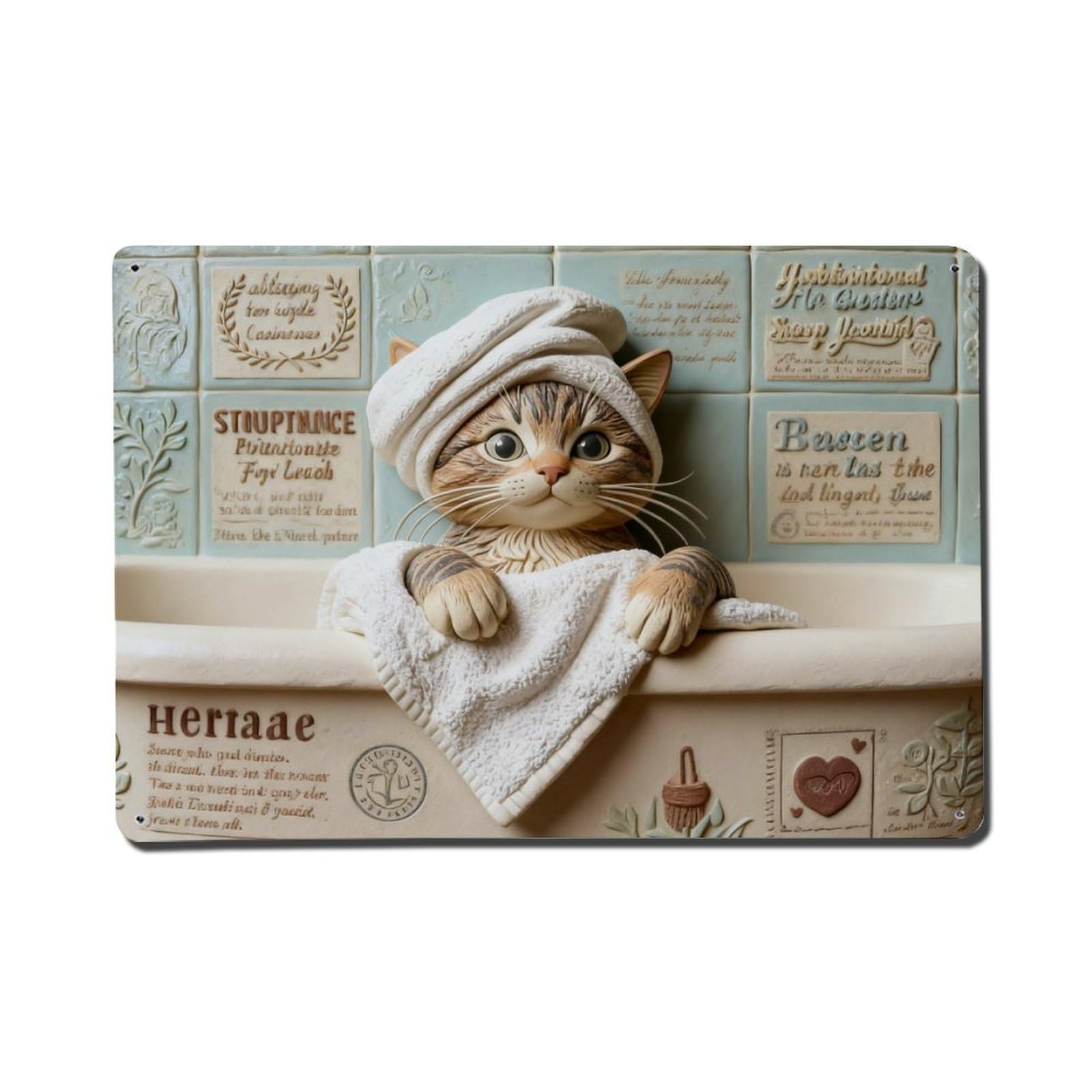 Cute Cat With Towel On Head Metal Tin Sign Plaque