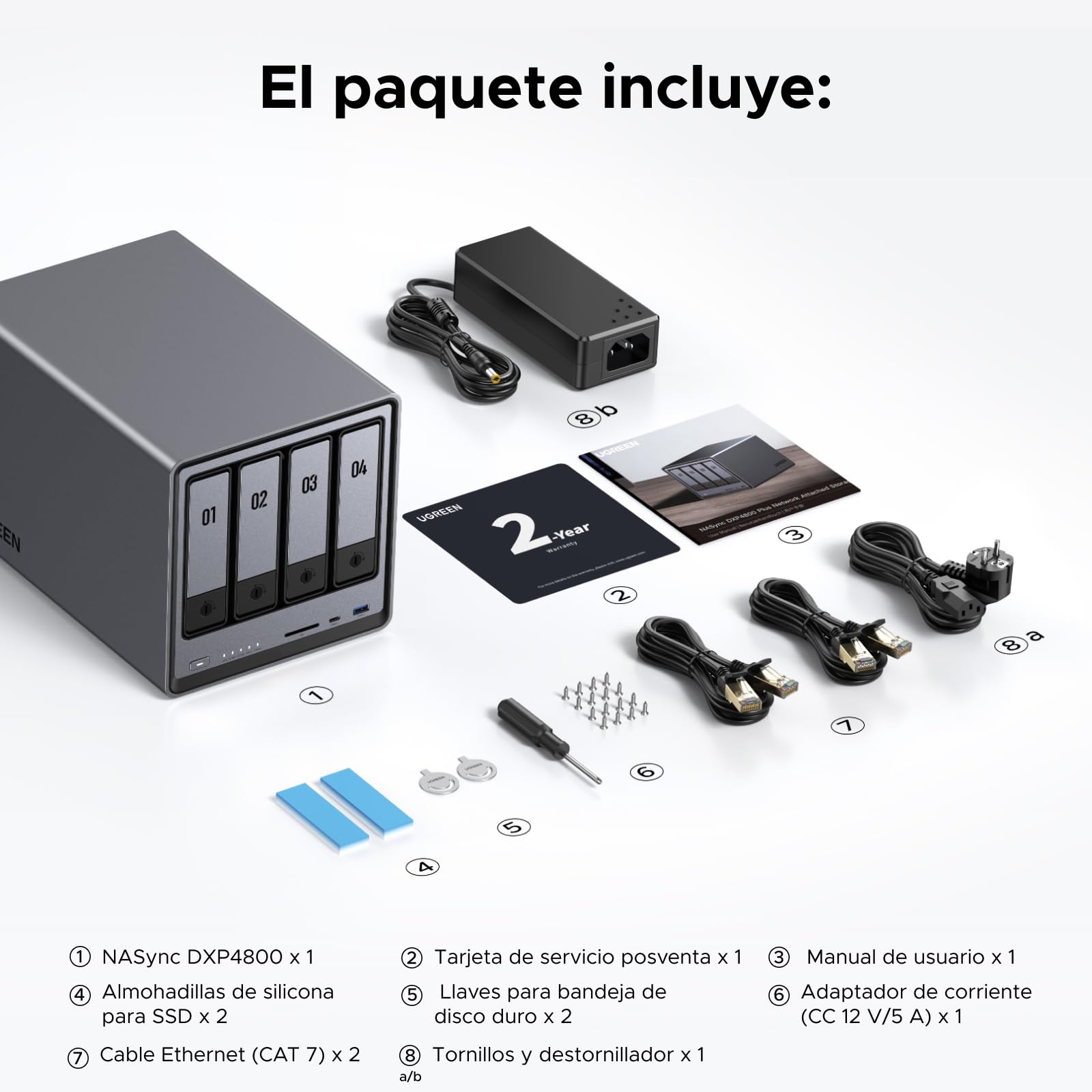 UGREEN NASync DXP4800, NAS de Escritorio de 4 bahías, CPU Intel N100 de Cuatro núcleos, 8 GB de RAM DDR5, 32 GB eMMC, 2 Ranuras de 2,5 GbE, 2 Ranuras M.2 NVMe, HDMI 4K (sin Disco) (DXP4800)