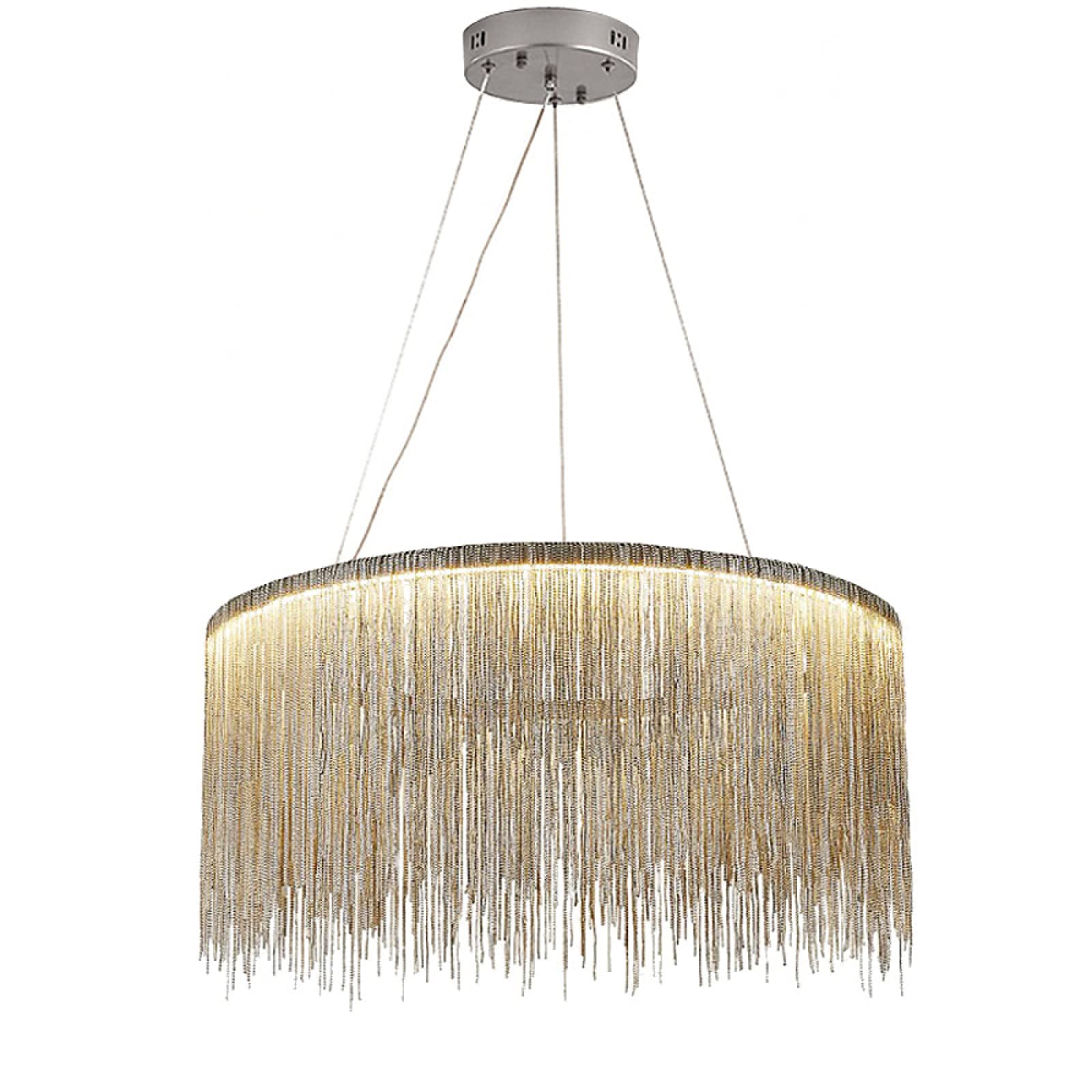 Tassel Round LED Pendant Light, Modern Chain Drum Chandelier Luxury Decorative Ceiling Lamp For Living Room, Hotel, Bedroom, Dining Room,Silver+Cool White-40cm 30W