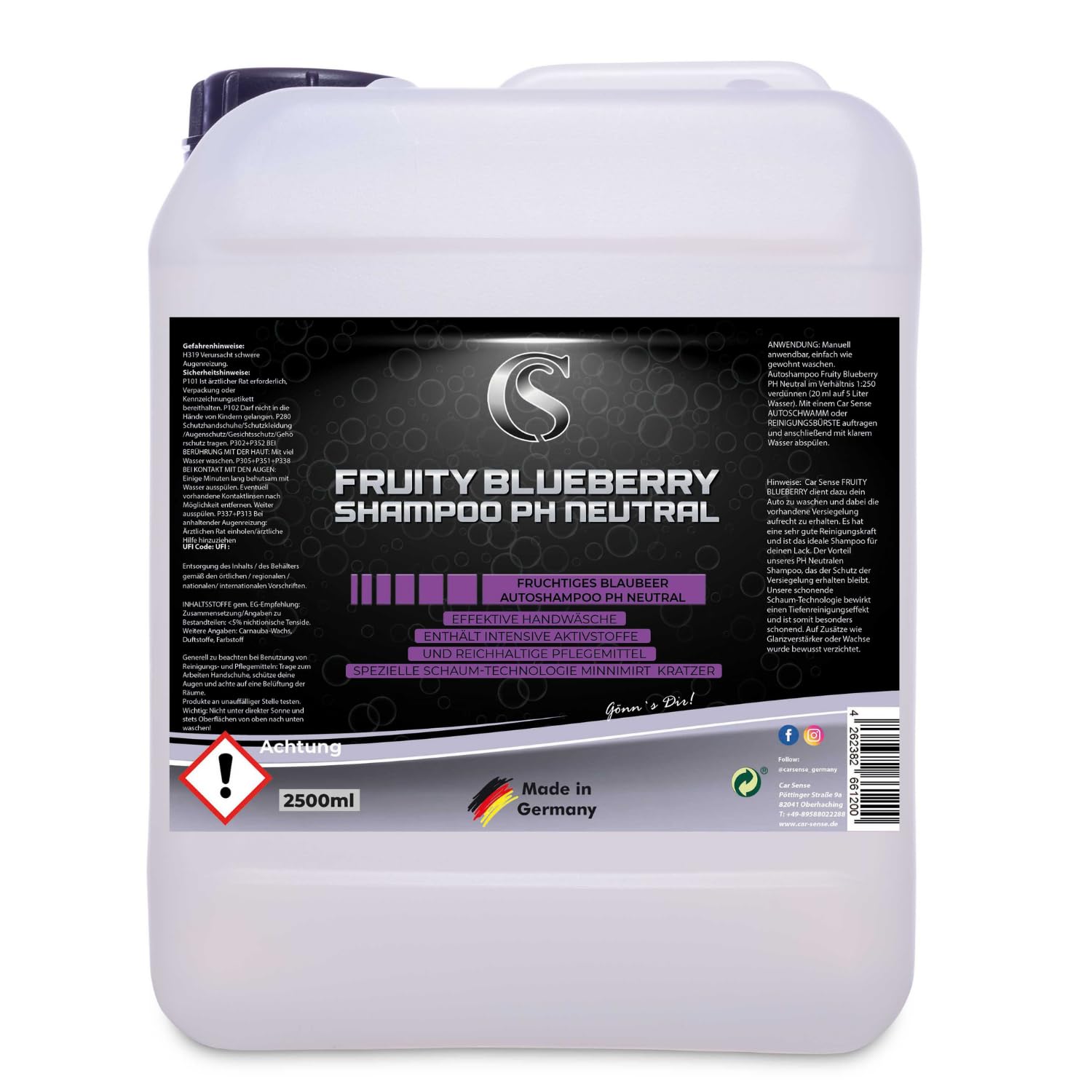 Car Sense Autoshampoo [2500ml] Blueberry, pH-neutral - Effektive Handwäsche für tagelangen Glanz - Autoreiniger, Autowaschmittel, Auto Waschen, Car Wash