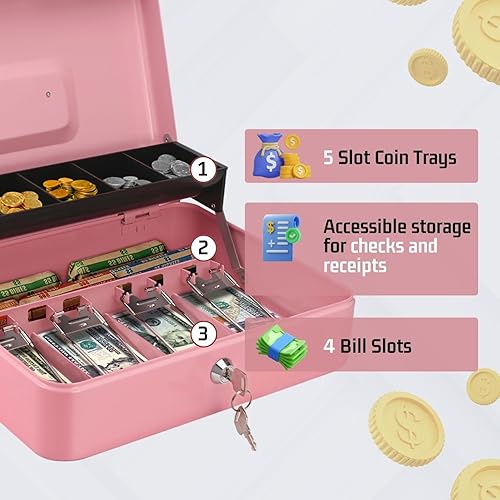 Miniatura 3 de Flexzion Caja de efectivo con llave, caja de dinero para negocios en efectivo, cajero y dinero pequeño, caja de metal con llave de bloqueo, bandeja