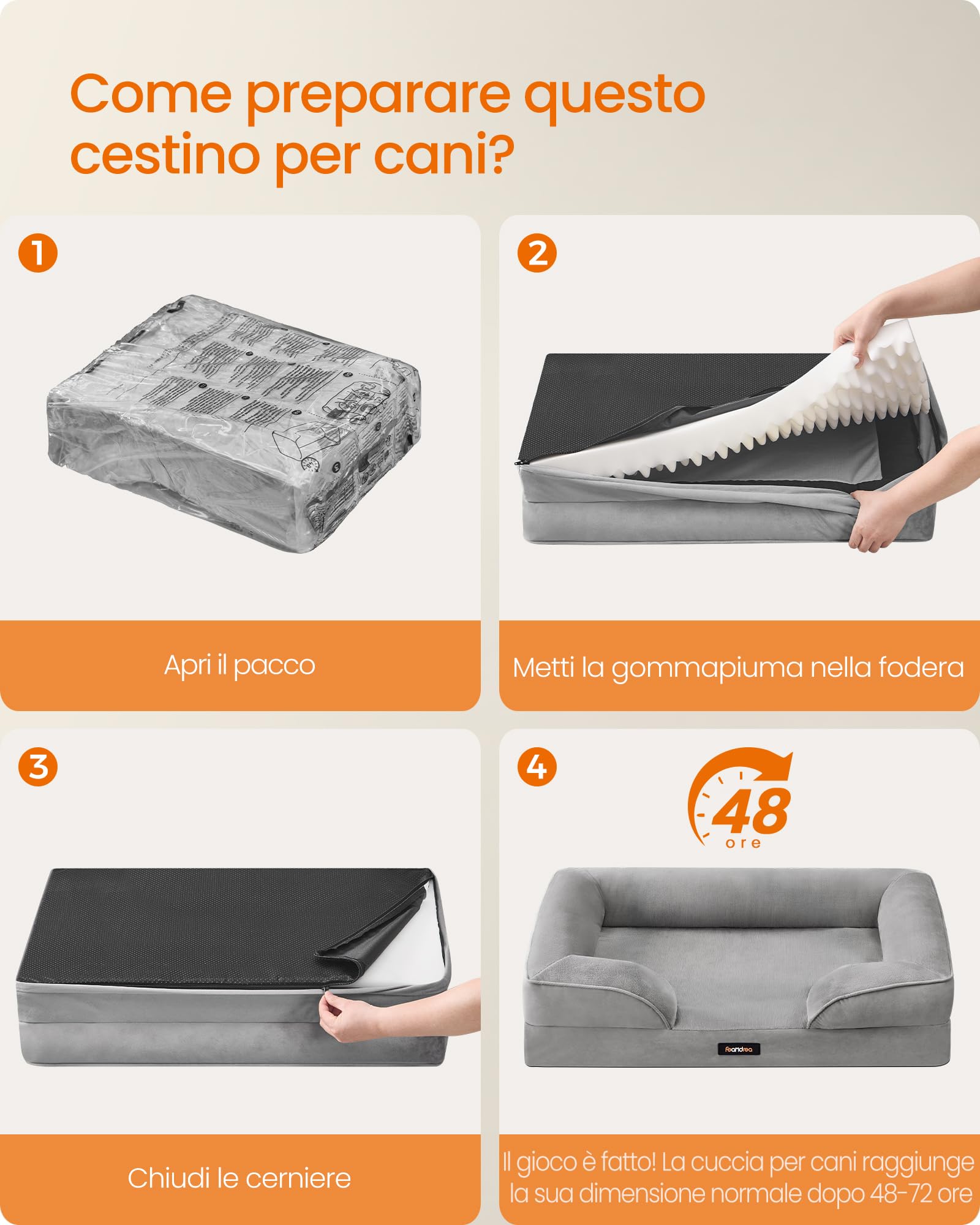 Feandrea Cuccia Ortopedica per Cani, Letto per Cani M, Bordo Rialzato, Gommapiuma Ondulata, Sfoderabile, Lavabile, Antiscivolo, Rivestimento Impermeabile, Grigio Tortora, 76 x 51 x 16 cm PGW321GD01