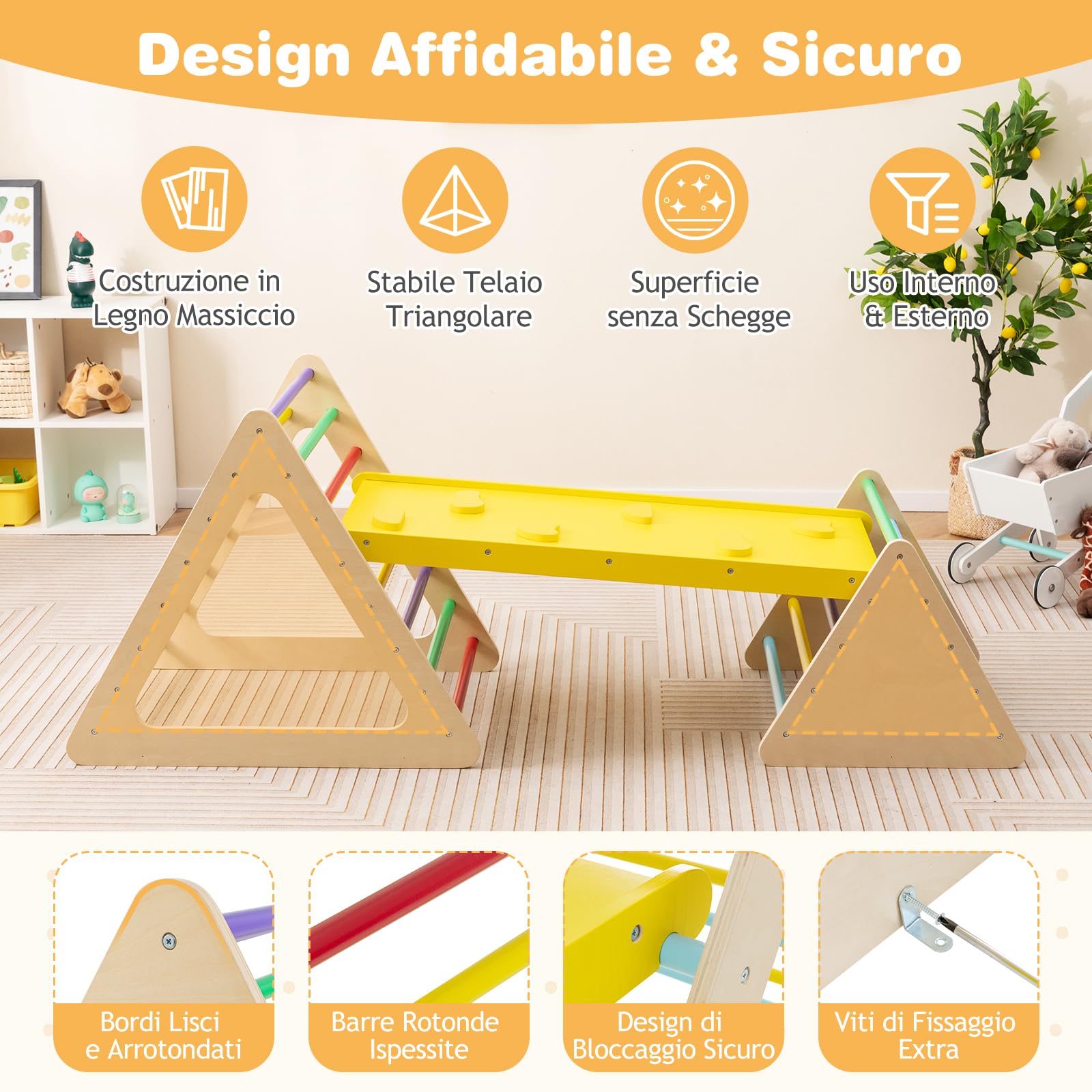 RELAX4LIFE Triangolo da Arrampicata in Legno con Scivolo, 2 Scale e 1 Rampa, Giochi Montessori per Bambini 1+