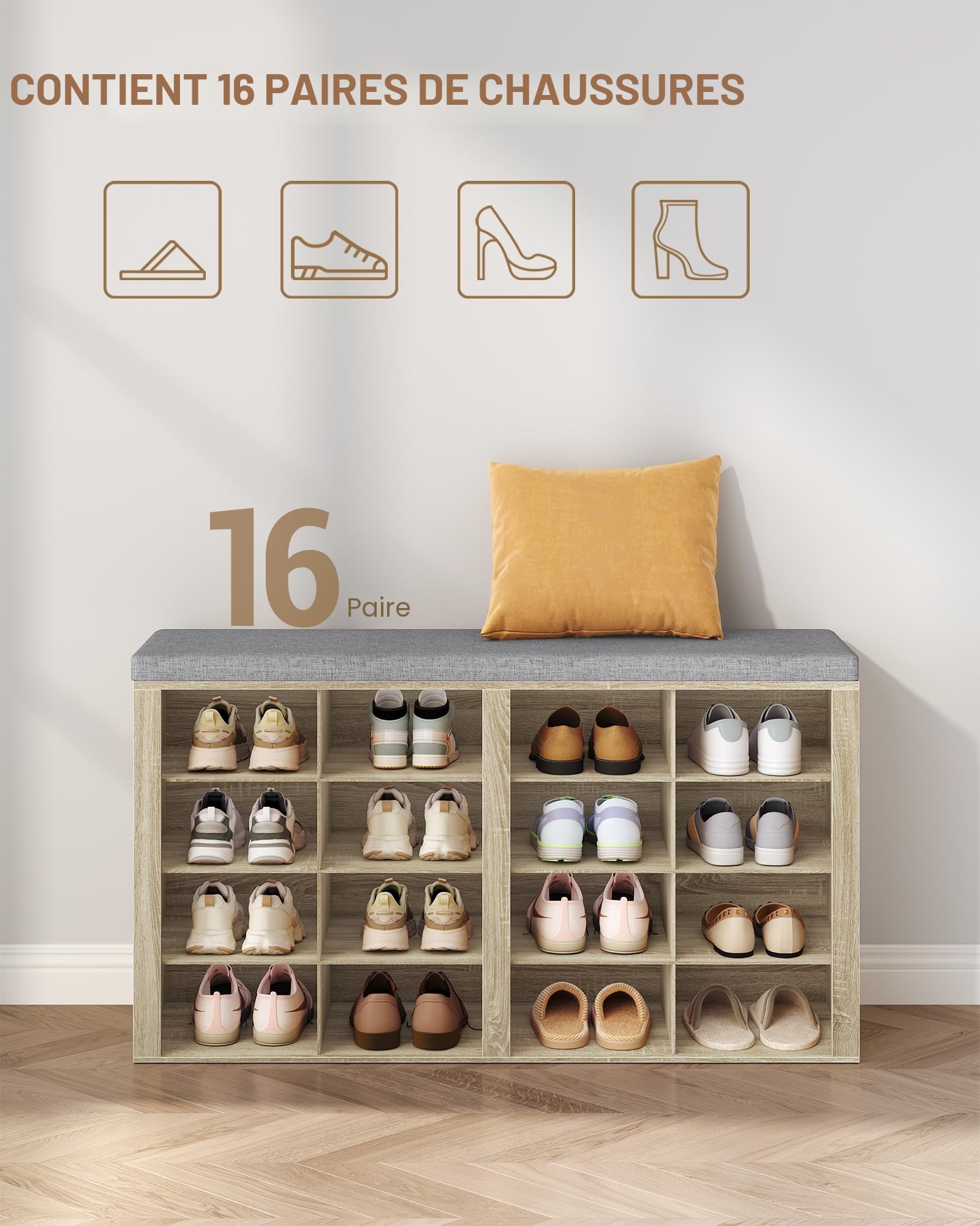 Hzuaneri Banc à Chaussures, 16 Compartiments, Chêne | Support à Chaussures avec Siège, Banc avec Rangement, Coussin, Pour Salon, Couloir, Chambre, SB25616GY