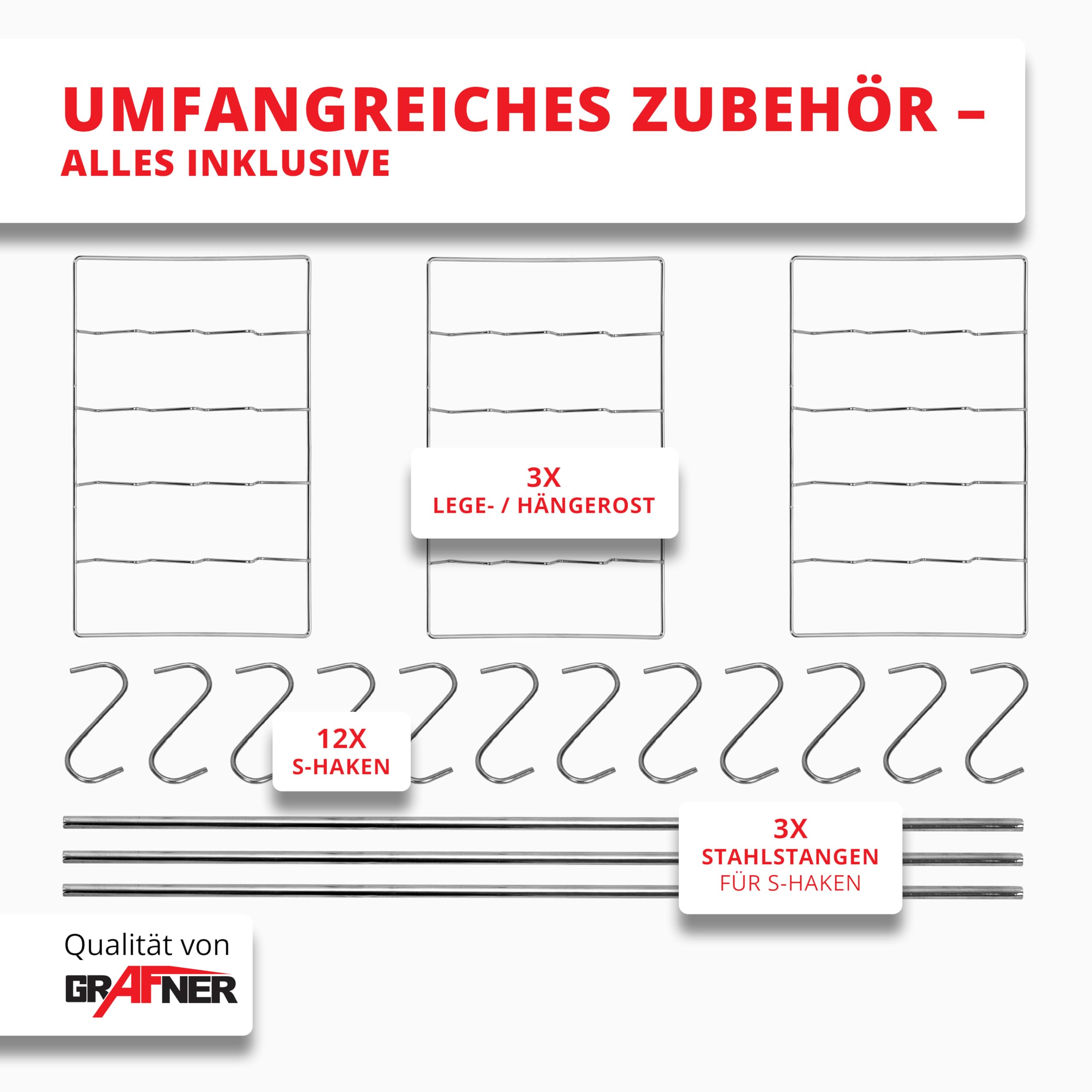 Grafner XXL Räucherofen mit 6 Etagen, Sichtfenster und Thermometer, legierter Stahl, 12x Haken, Räucherschrank zum Heißräuchern und Kalträuchern, Smoker für Fisch Fleisch Käse Gemüse