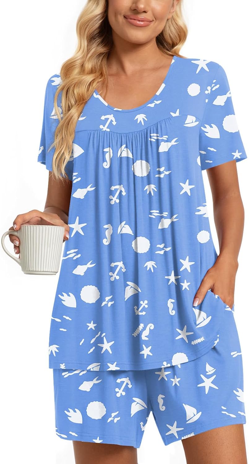 TAOHUADAO 2 Piece Women's Short Sleeve Pajama Sets, Lounge Sleepwear Ladies Pjs Sets with Pockets