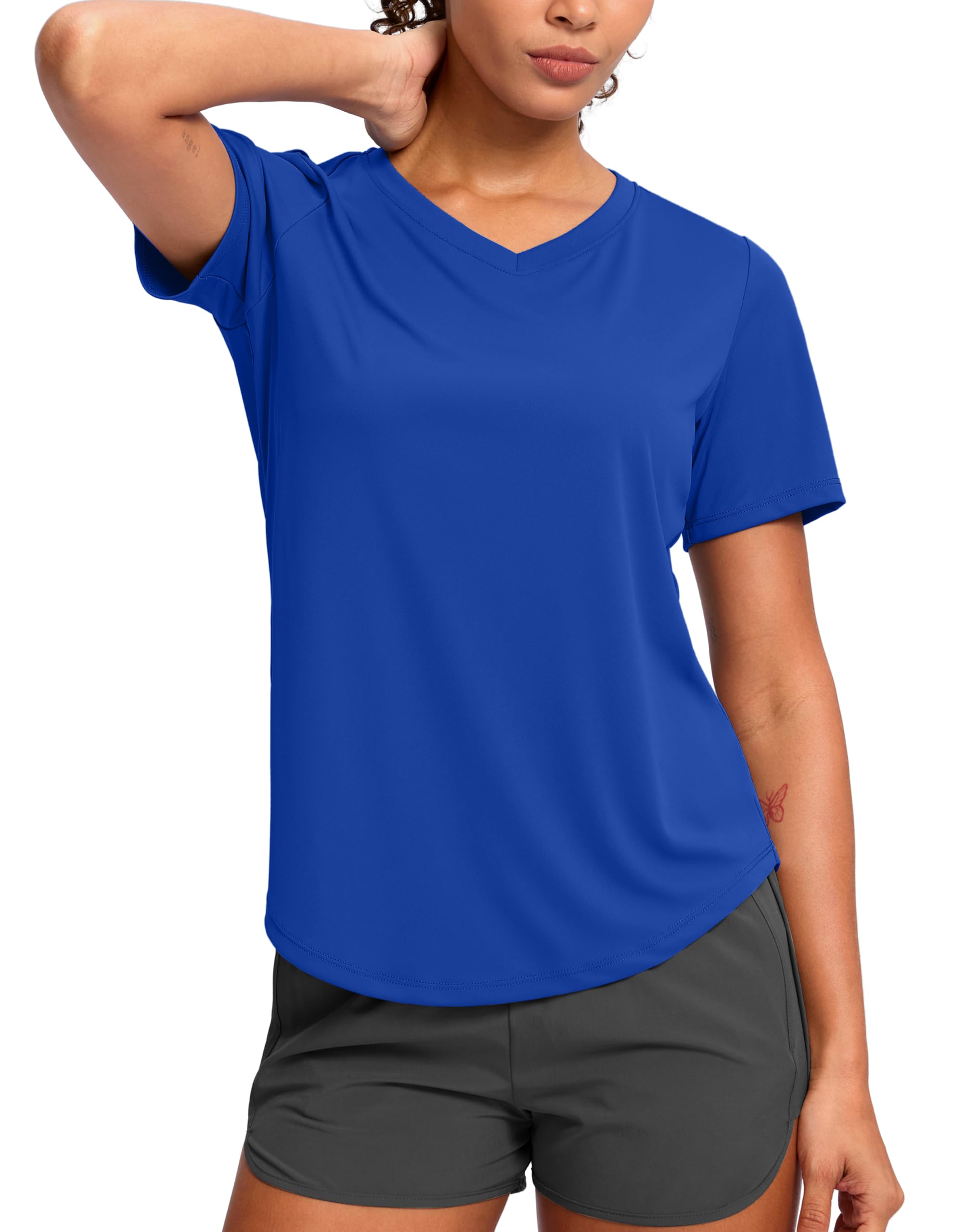Womens Workout Tops V-Neck Short Sleeve UPF 50+ Sun Shirt Moisture Wicking Quick Dry Top for Gym, Running, Athletic