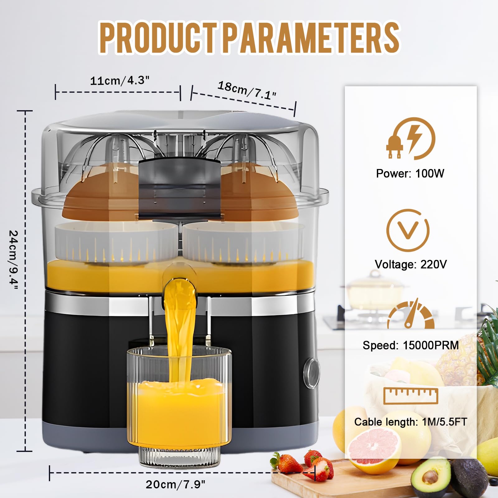 Zitruspresse Elektrisch, 100 Watt Doppelkopf Saftpresse, Zitronenpresse, Orangenpresse, Limettenpresse, Juicer Entsafter, leicht zu reinigen und zu benutzen, Schwarz