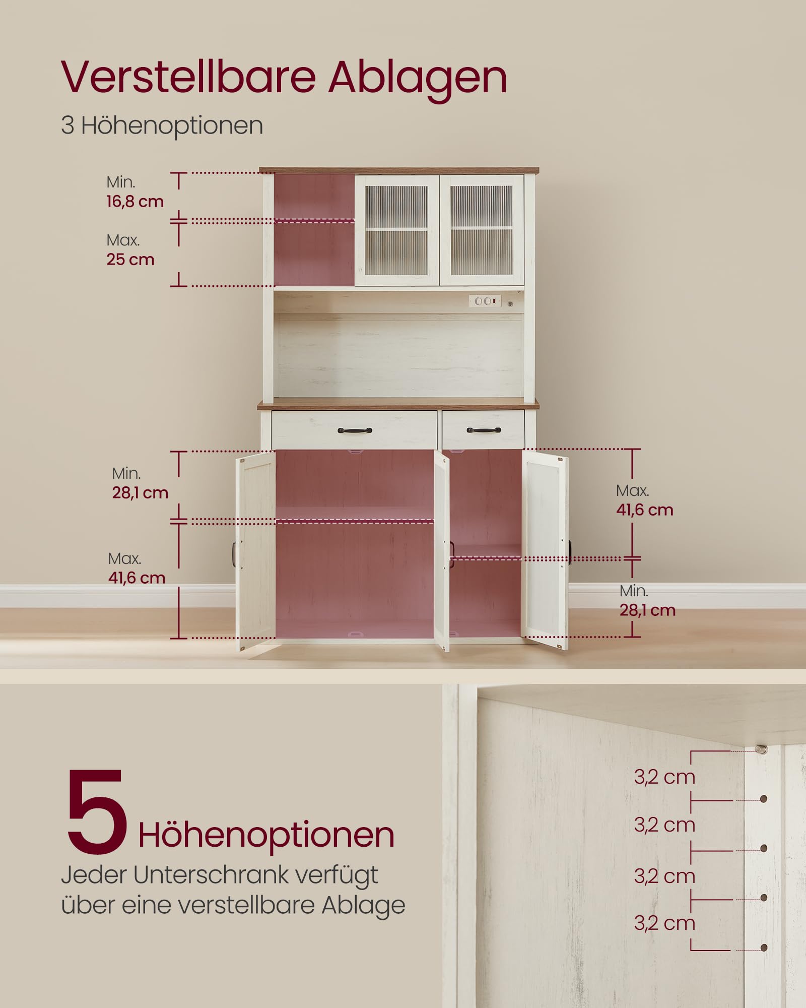 VASAGLE Sideboard mit Beleuchtung und Ladestation, Küchenschrank, Aufbewahrungsschrank, mit Türen und Schubladen, 39,5 x 106,5 x 180,6 cm, verstellbare Ablagen, Landhausstil, vintageweiß BBK391W02
