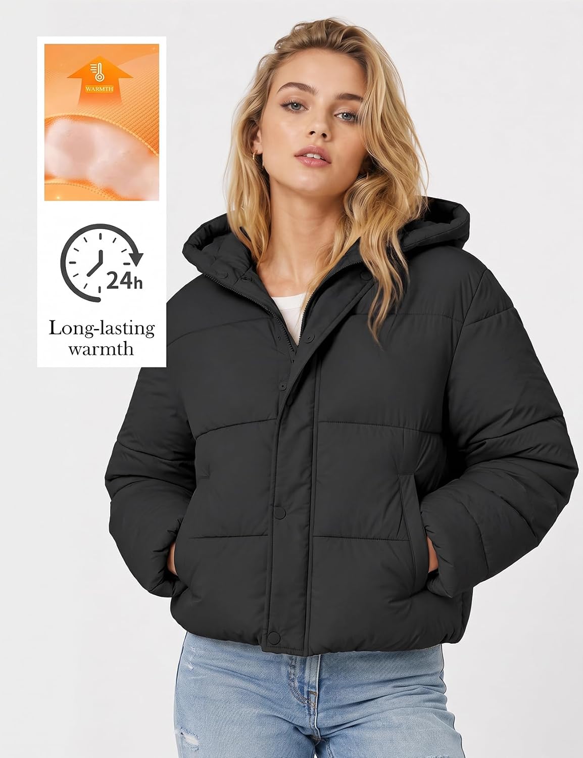 Gihuo Womens Cropped Puffer Jacket Hooded Warm Quilted Jacket