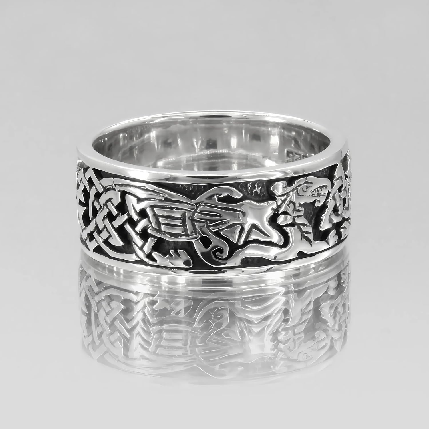 Moonlight Mysteries Celtic Dragon Ring - Sterling Silver - Twin Dragons Band for Men or Women - Triquetra Knot - Sizes 4-15