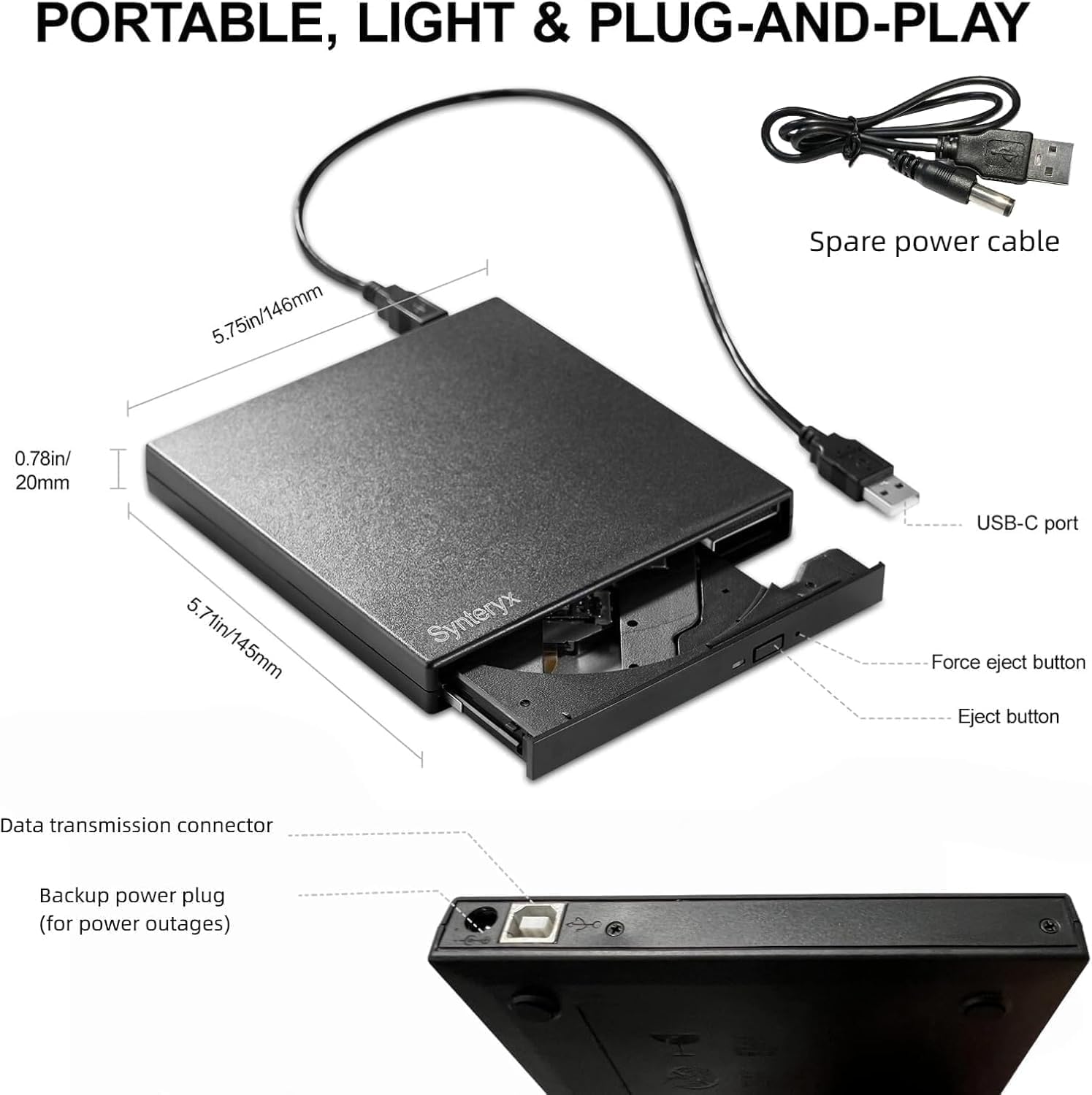 External CD/DVD Drive for Laptop, USB-A & Type-C CD Burner Reader image 2