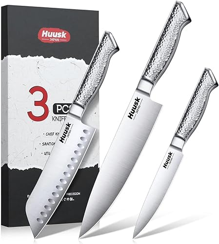 Huusk Juego de 3 cuchillos de chef, juego de cuchillos japoneses de acero inoxidable aptos para lavavajillas, juegos de cuchillos de cocina ultra