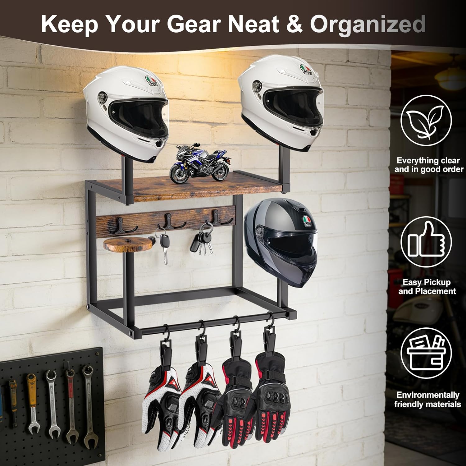 Motorcycle Helmet Hanger Wall Mount, Tiered Wooden Organizer with Metal Frame, 4 Helmet Holders, 5 Glove Clips & 3 Hooks for Accessories Storage