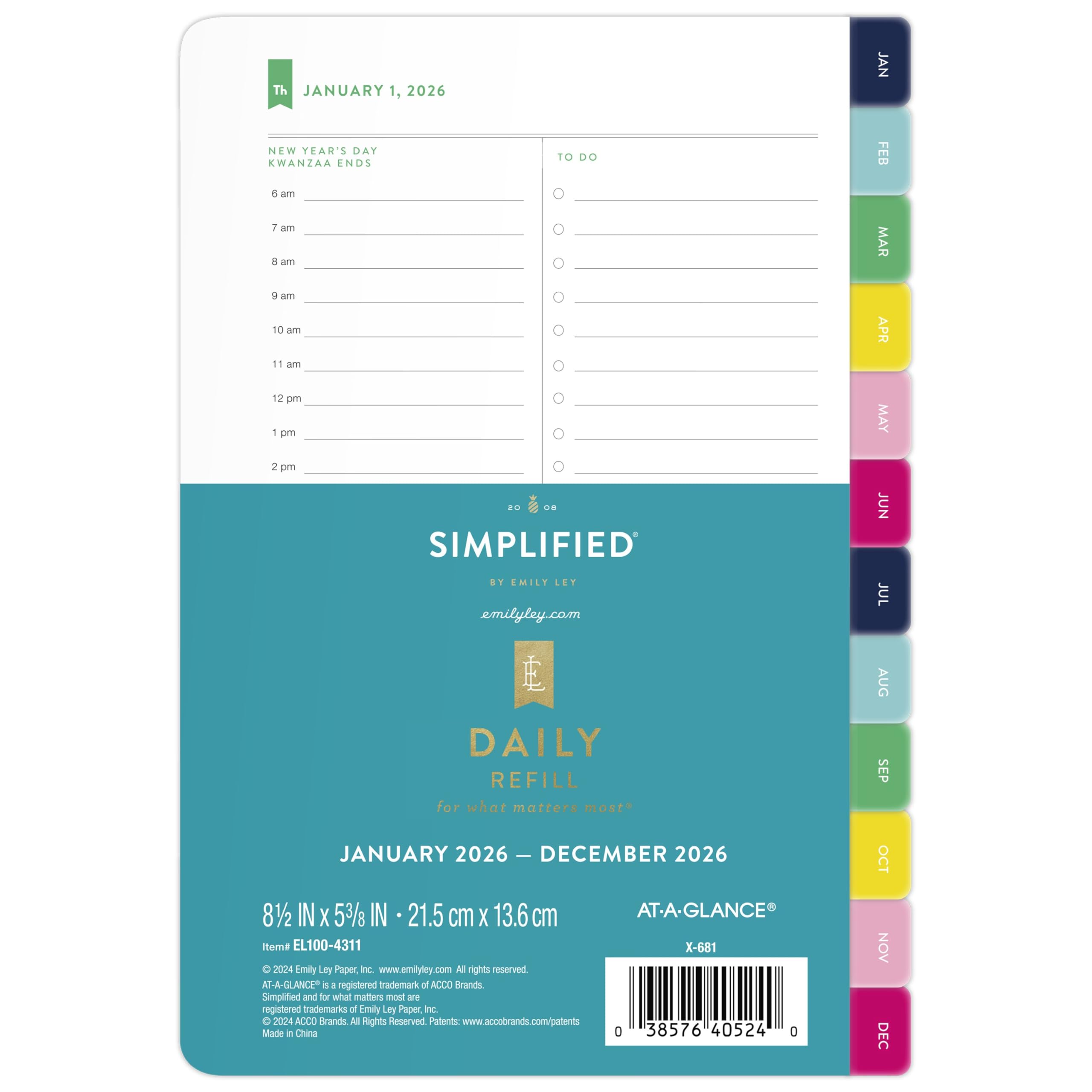 AT-A-GLANCE EL100-4311-26 Planer-Nachfüllpackung, vereinfacht von Emily Ley, täglich, 14 x 21,6 cm, Schreibtischgröße, 1 Seite pro Tag