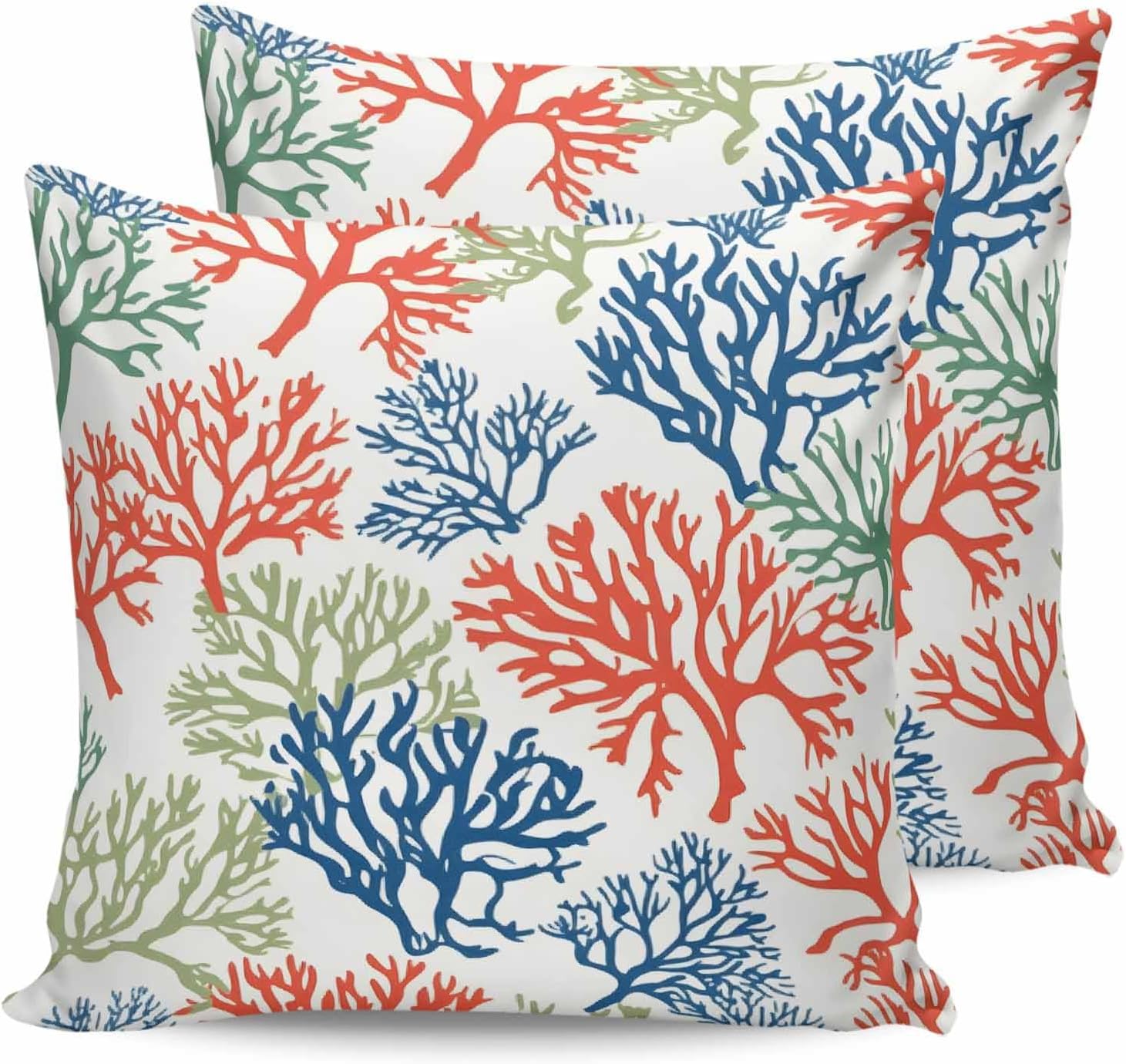 Outdoor Waterproof Pillow Covers Watercolor Summer Red Blue Coral Decorative Throw Pillow Protectors, Underwater Marine Life Pillowcase Cushion Cases for Patio Sofa Garden Couch,20x20IN,Pack of 2