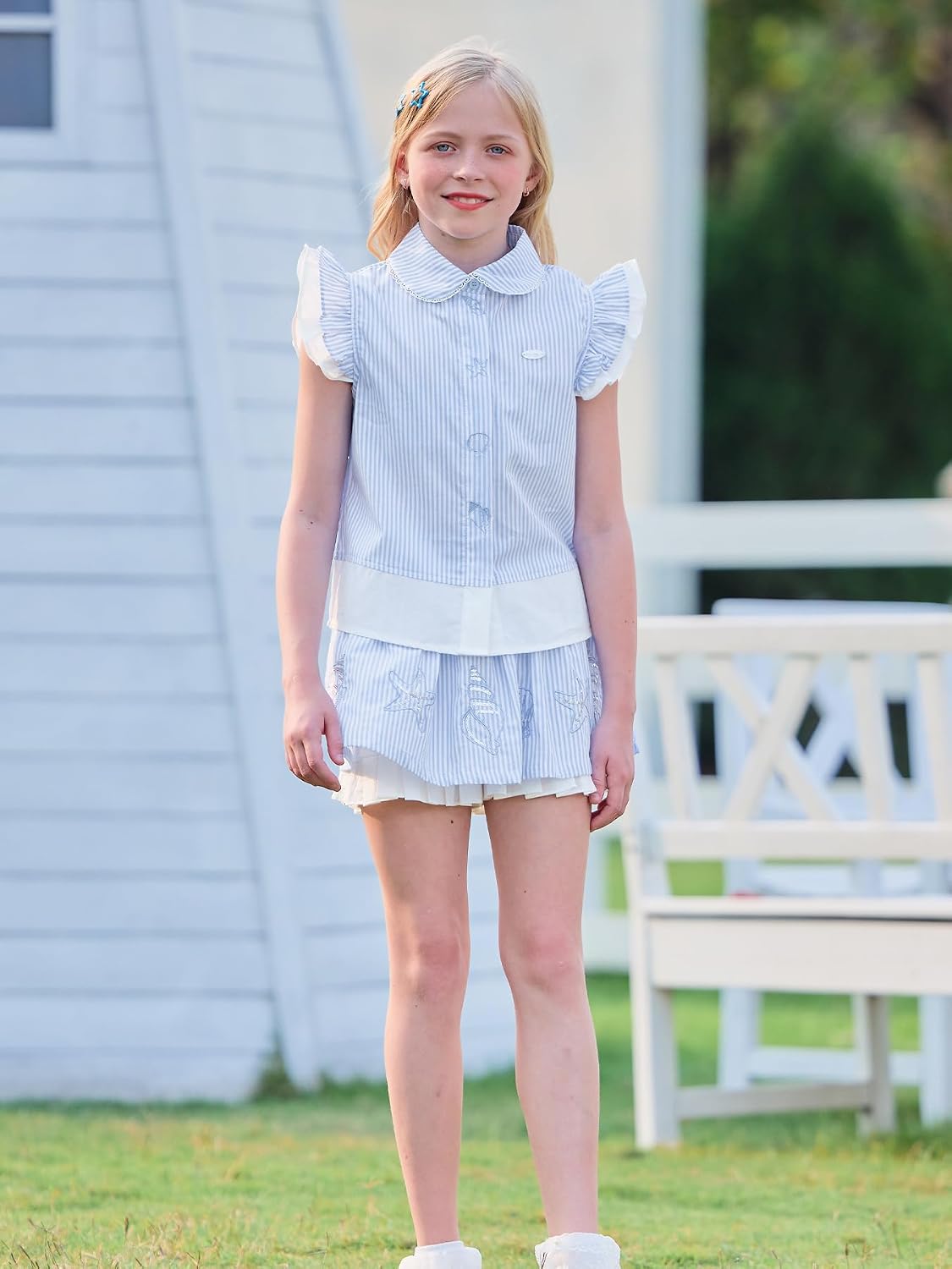 Girls Skorts with Pockets Sky Blue Striped A Line Skirt with Built-in Shorts Summer School Tennis Skirt for Teen 6-16Y