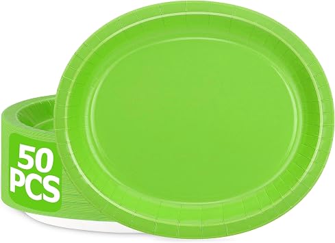 QZYL 50 Pcs Party Decorations, 12.2 X 10.2 Oval Large Paper Plates, Lime Green Disposable Paper Plate Heavy Duty Daily Dinner Plates for Birthday Party Wedding Picnic Holiday