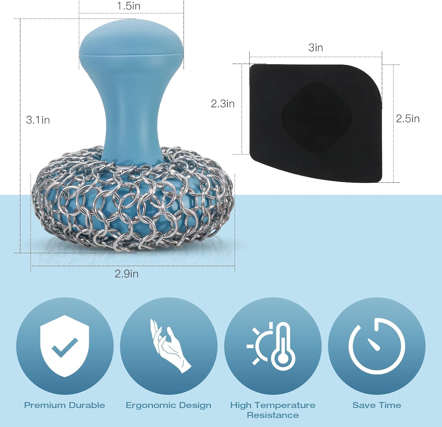 Cast Iron Scrubber | Dish Scrub Brush | 316 Cast Iron Cleaner Chainmail Scrubber for Cast Iron Pan Skillet Cleaner - Dish Scouring Pad Dishwasher Safe Cleaning Kit (Blue, 1 Scrubber + 1 Scraper)