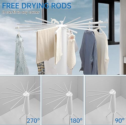 Miniatura 6 de RUMOSE Trípode de secado de ropa plegable y portátil, para ahorrar espacio, de aluminio, con 16 postes, plateado y blanco, para el suelo, plegable,