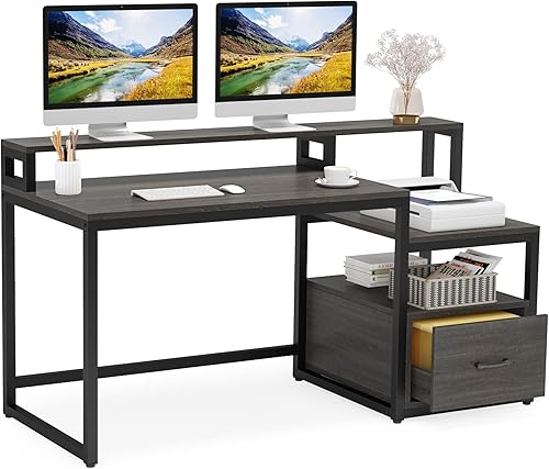 LITTLE TREE Escritorio de computadora de 60 pulgadas, mesa grande de escritorio para oficina en casa con estantes de almacenamiento y cajón de