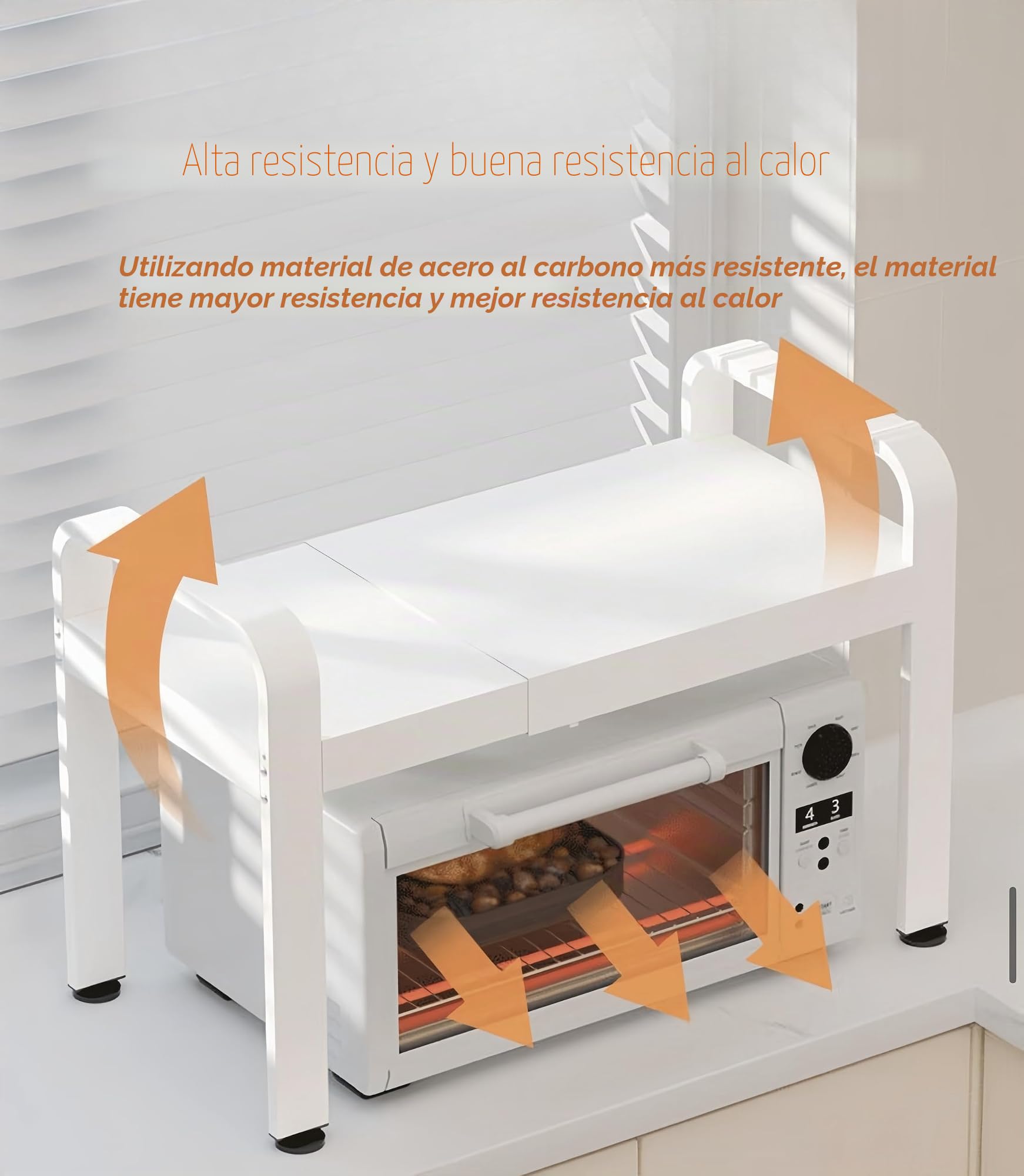 Estante blanco expandible de doble capa para horno microondas, estante para encimera de cocina con 6 ganchos, estante de almacenamiento que ahorra espacio, 15-25 pulgadas de largo x 14.1