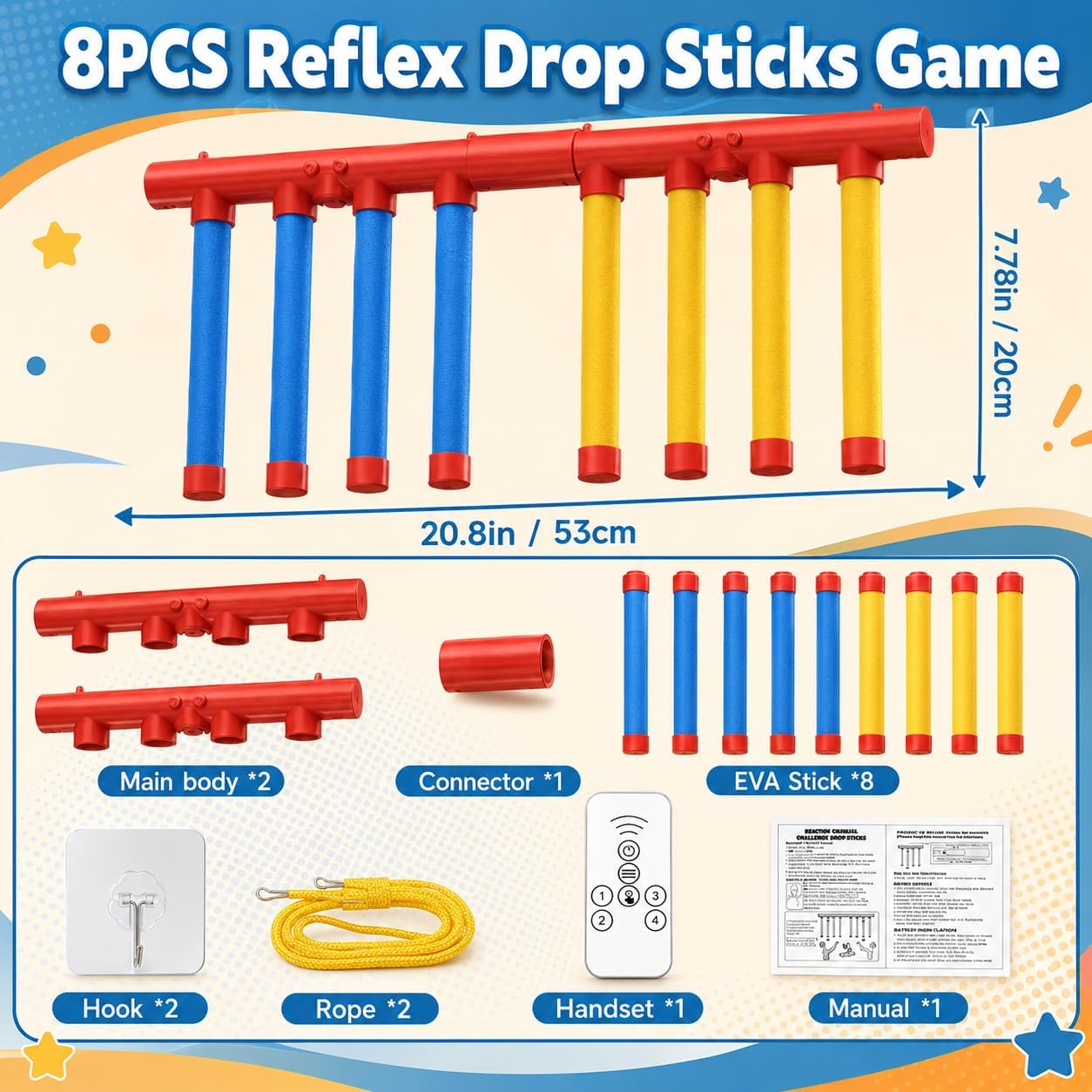 Reflex Drop Stick Challenge Game, Hand-Eye Coordination & Reaction Toy | 3 Adjustable Speed Modes for Solo/Dual Play, Remote Control, Fun Catch Falling Sticks Game for Kids, Adults