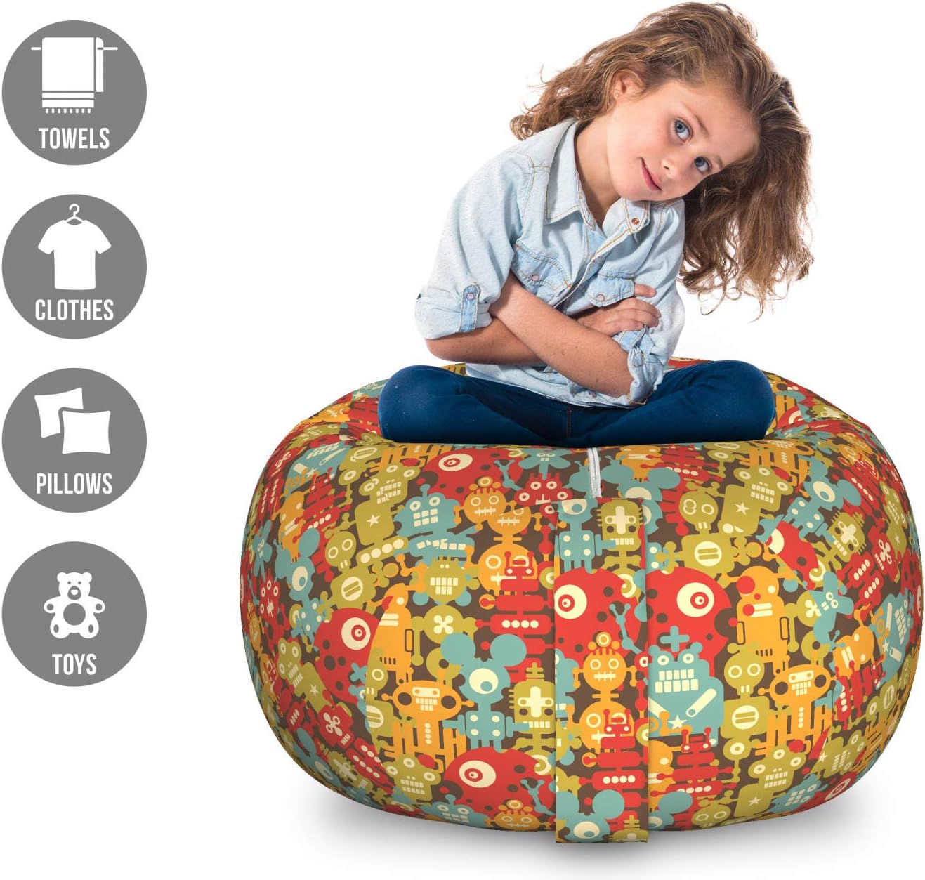 Ambesonne Cartoon Storage Toy Bag Chair, Colorful Robot Monsters Sci Fi Style Retro Game Cyborg Fantasy Alien Pattern, Stuffed Animal Organizer Washable Bag, Large Size, Multicolor