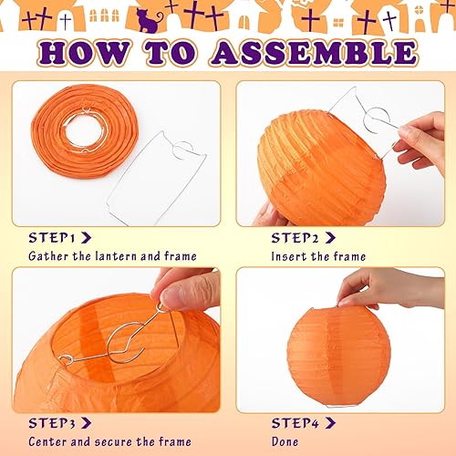 Miniatura 4 de VIHOSE 16 linternas de papel colgantes de Halloween, linternas de papel redondas, decorativas, naranja, morado, negro, blanco, para Halloween,