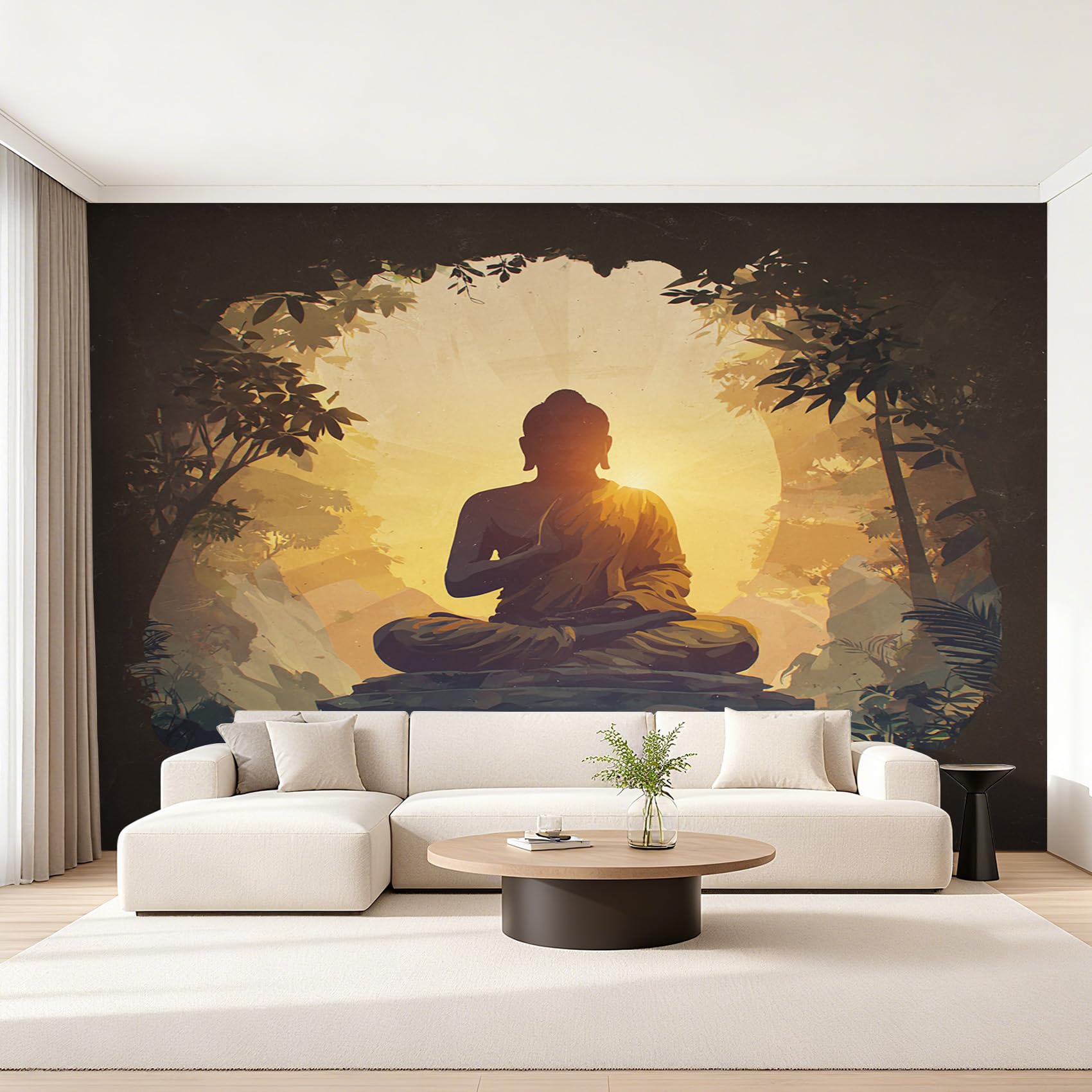 Papier Peint Panoramique Bouddha Couché de Soleil Fresque Murale 152x104cm D&O115