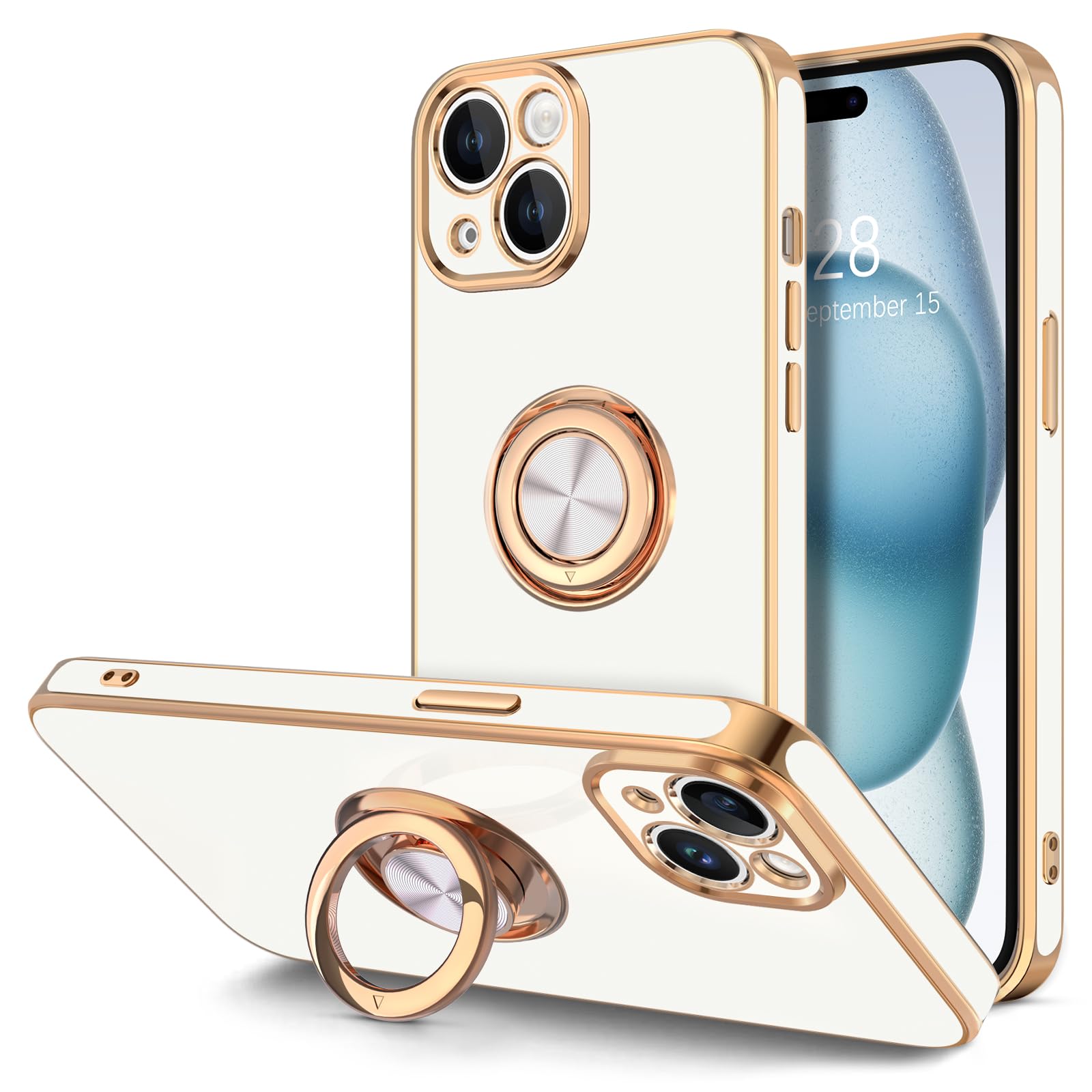 Hython Case for iPhone 15 Plus Case with Ring Stand, 360° Rotatable Ring Holder Magnetic Kickstand, Plating Rose Gold Edge Soft Cover Luxury Protective Phone Case for iPhone 15 Plus 6.7"?, White