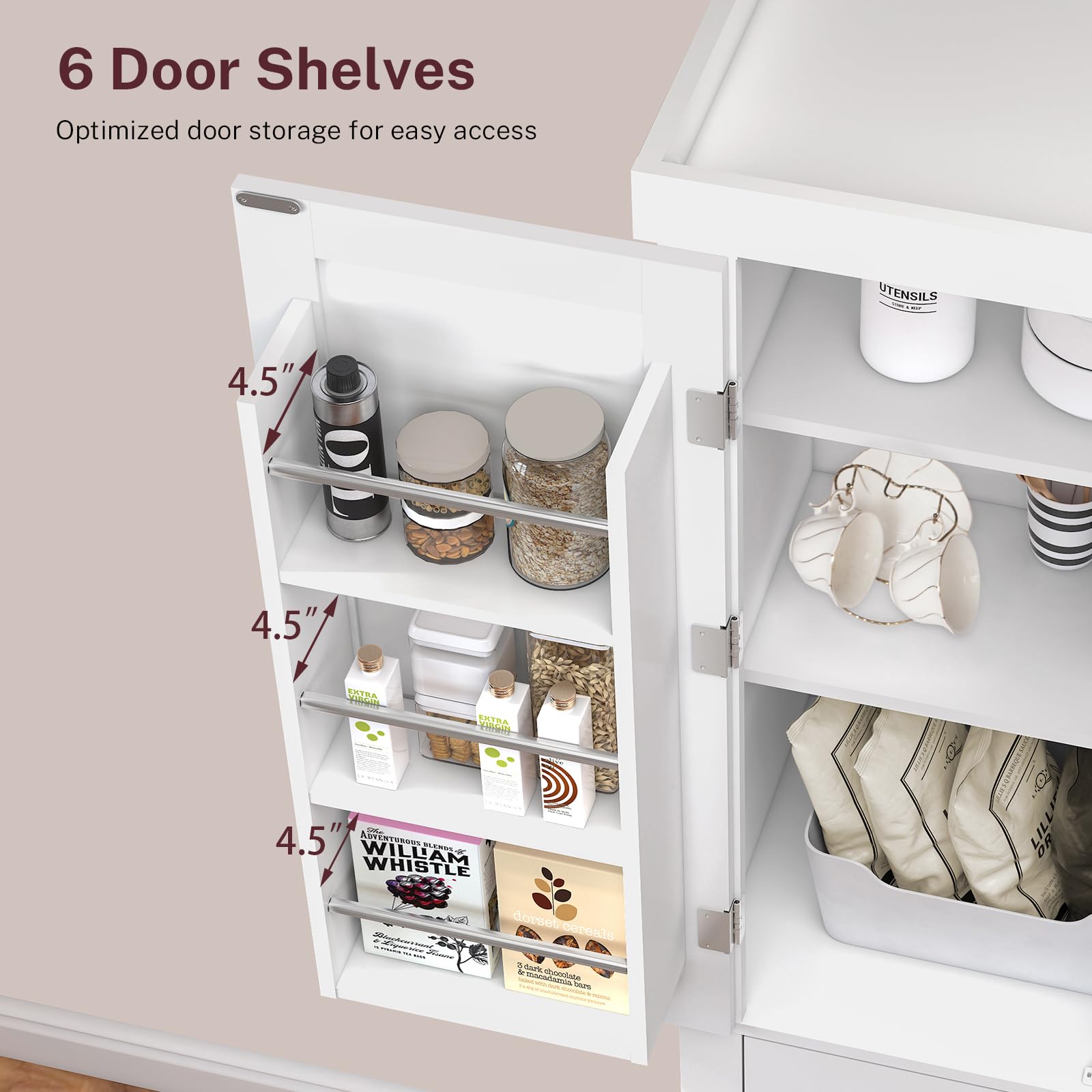 TEENFON 72” Pantry Cabinet, Tall Kitchen Storage Cabinet with 4 Doors and 1 Drawer, Cupboard with 6 Hanging Shelves and Adjustable Shelves for Kitchen, Dining Room, Living Room, White - 4