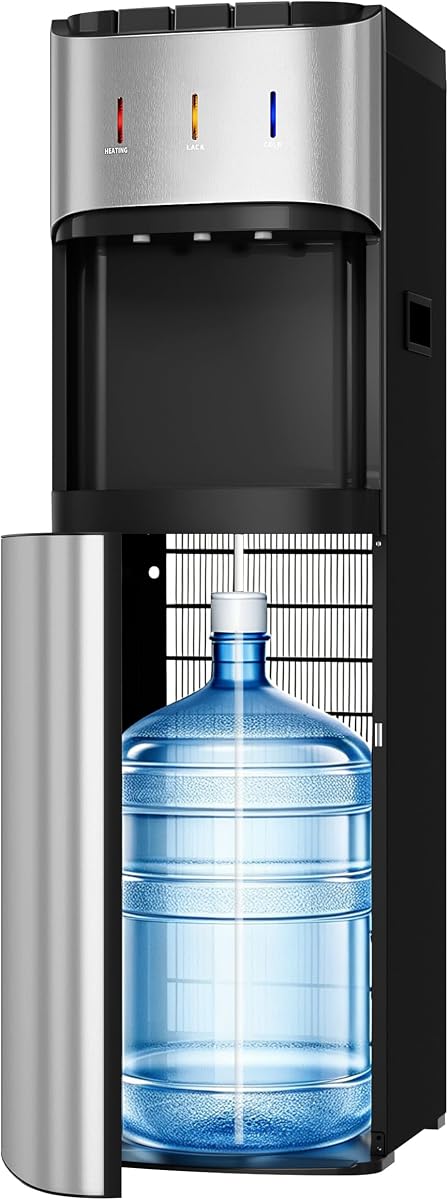 Dispensador de enfriador de agua de carga inferior Tehanld, plateado metálico | Para botellas de 3 o 5 galones, boquillas para agua caliente, ambiental y fría, pantalla LED con alerta de botella vacía, bloqueo de seguridad para niños