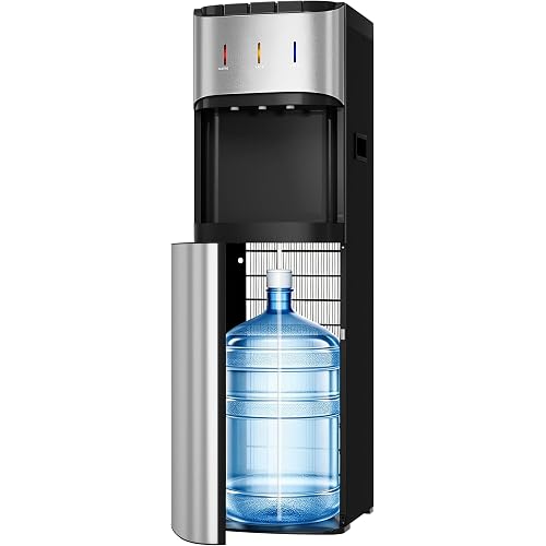 Tehanld Bottom Loading Water Cooler Dispenser for 3 or 5 Gallon Bottles, Stainless Steel Water Dispenser with Hot, Room & Cold Water, Child Safety Lock, Metallic Silver