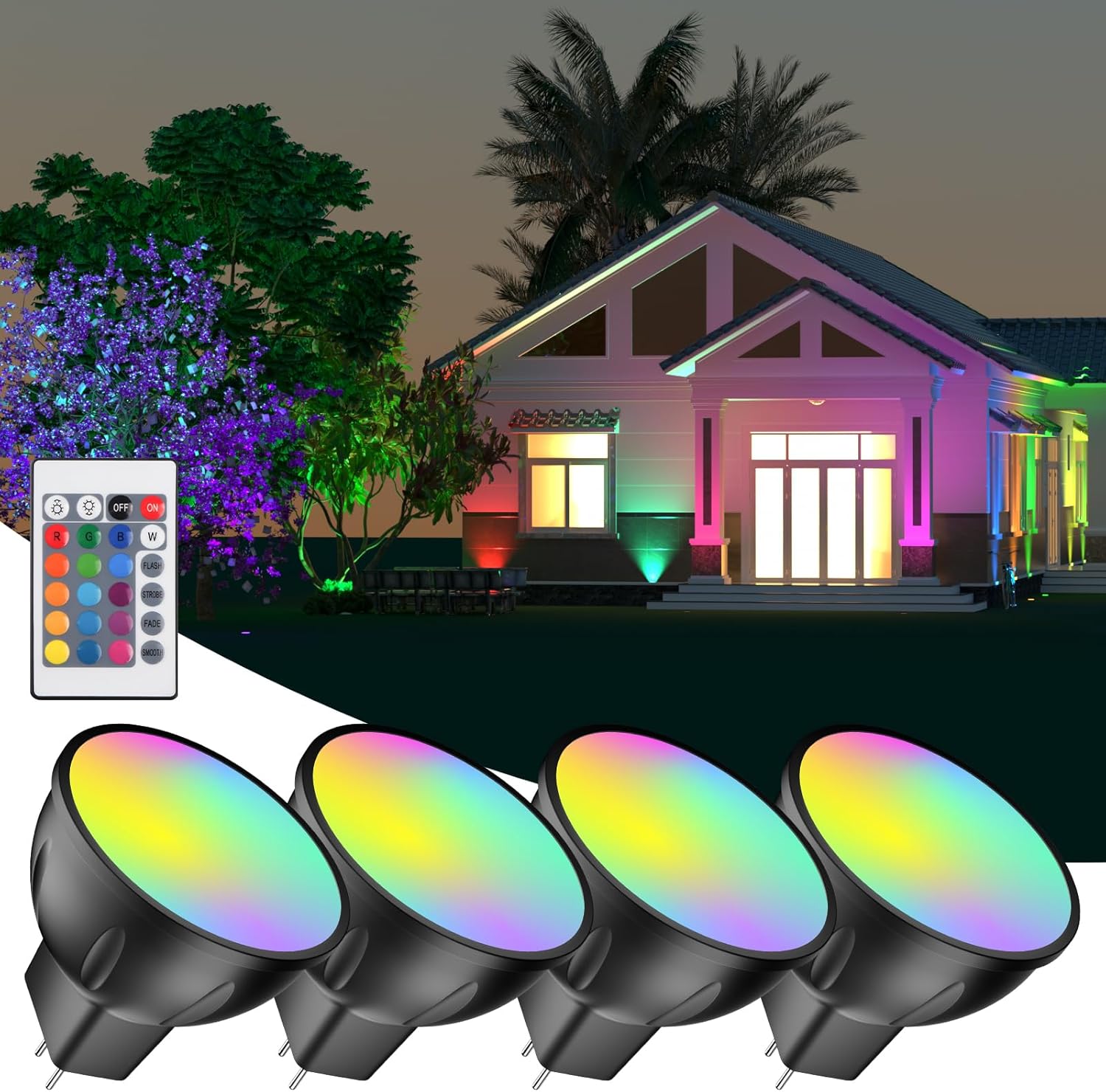 Cheopha RGB MR11 Color Changing LED Bulbs with Remote Control, Warm White + Multi Color GU4 Base Light Bulb, 12V Low Voltage for Outdoor Christmas New Year & Landscape Lighting 4-Count