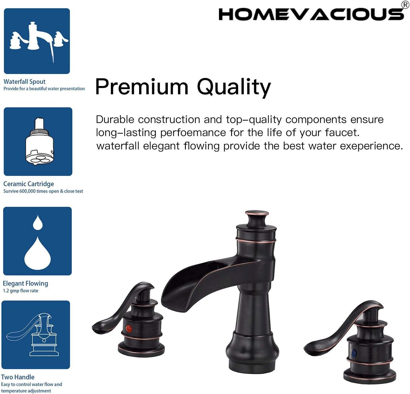 Homevacious Widespread Bathroom Faucet Oil Rubbed Bronze Waterfall with Pop Up Drain 2 Handle 3 Hole 8-16 Inch Bundle Sink Basin Trim Overflow Cover