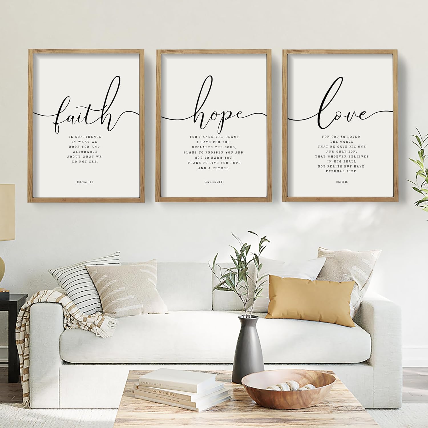 Houmury 3PCS Framed Faith Hope Love Bible Verses Wall Art Farmhouse Religious Quotes Wall Decor Inspirational Wall Art (Brown, 16"x24")