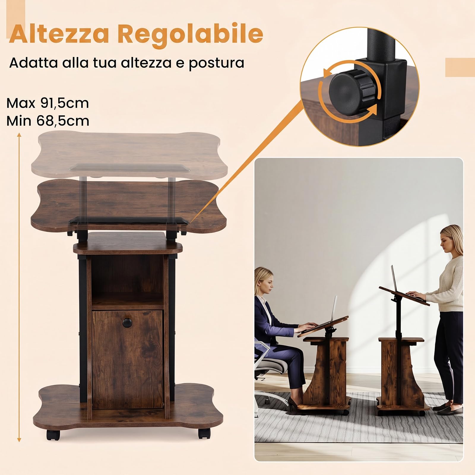 COSTWAY Podio Conferenza, Leggio Regolabile in Altezza con Ruote, Piano Inclinabile, Ripiano, Vano e Armadietto, Scrivania Porta PC per Casa e Ufficio, 55 x 40 x 68,5-91,5 cm
