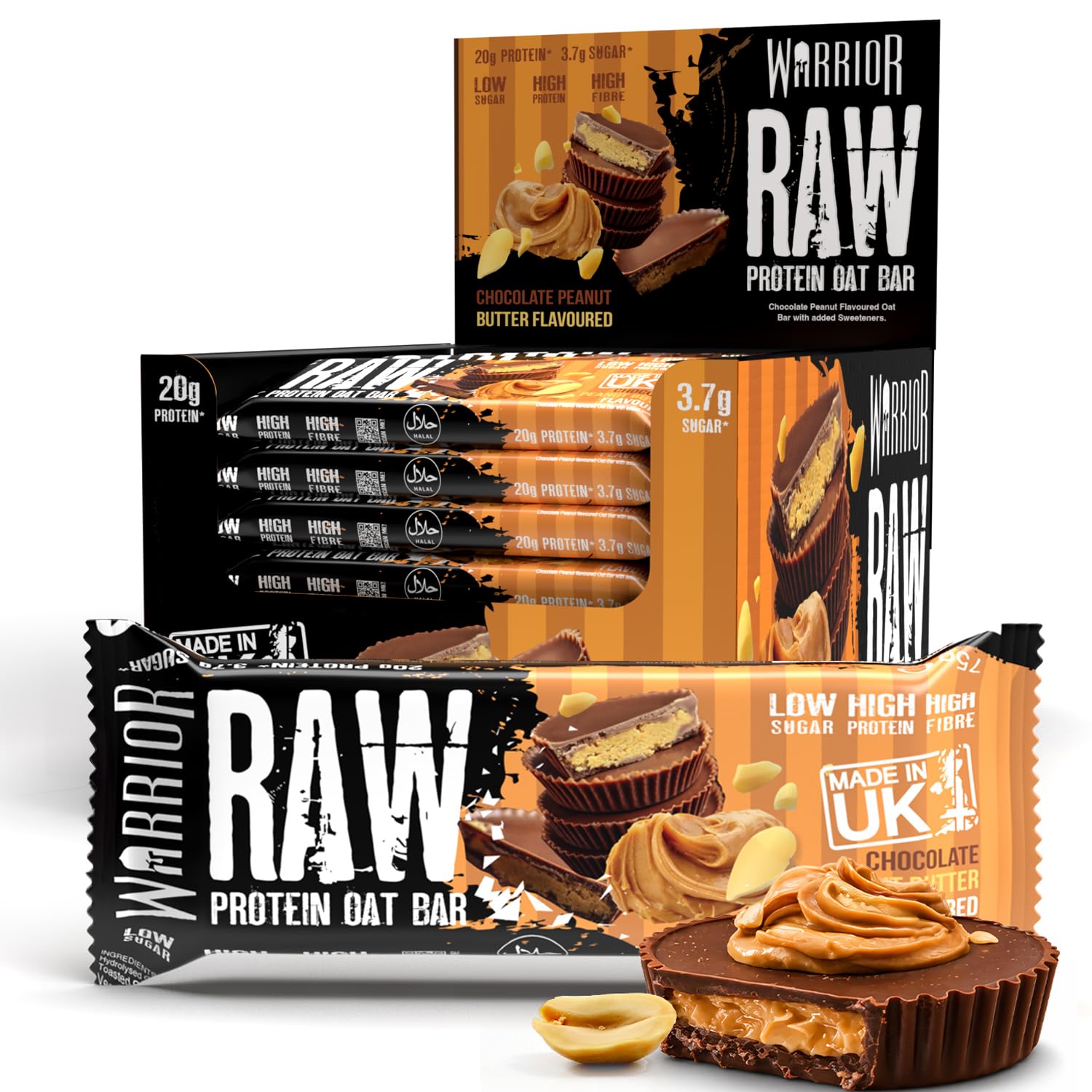 Warrior RAW Protein Flapjack 24 x 75g – 20g High Protein Bars, Low Sugar High Fibre Oat Bars – Protein Bars 24 Pack & Protein Snacks (Chocolate Peanut)
