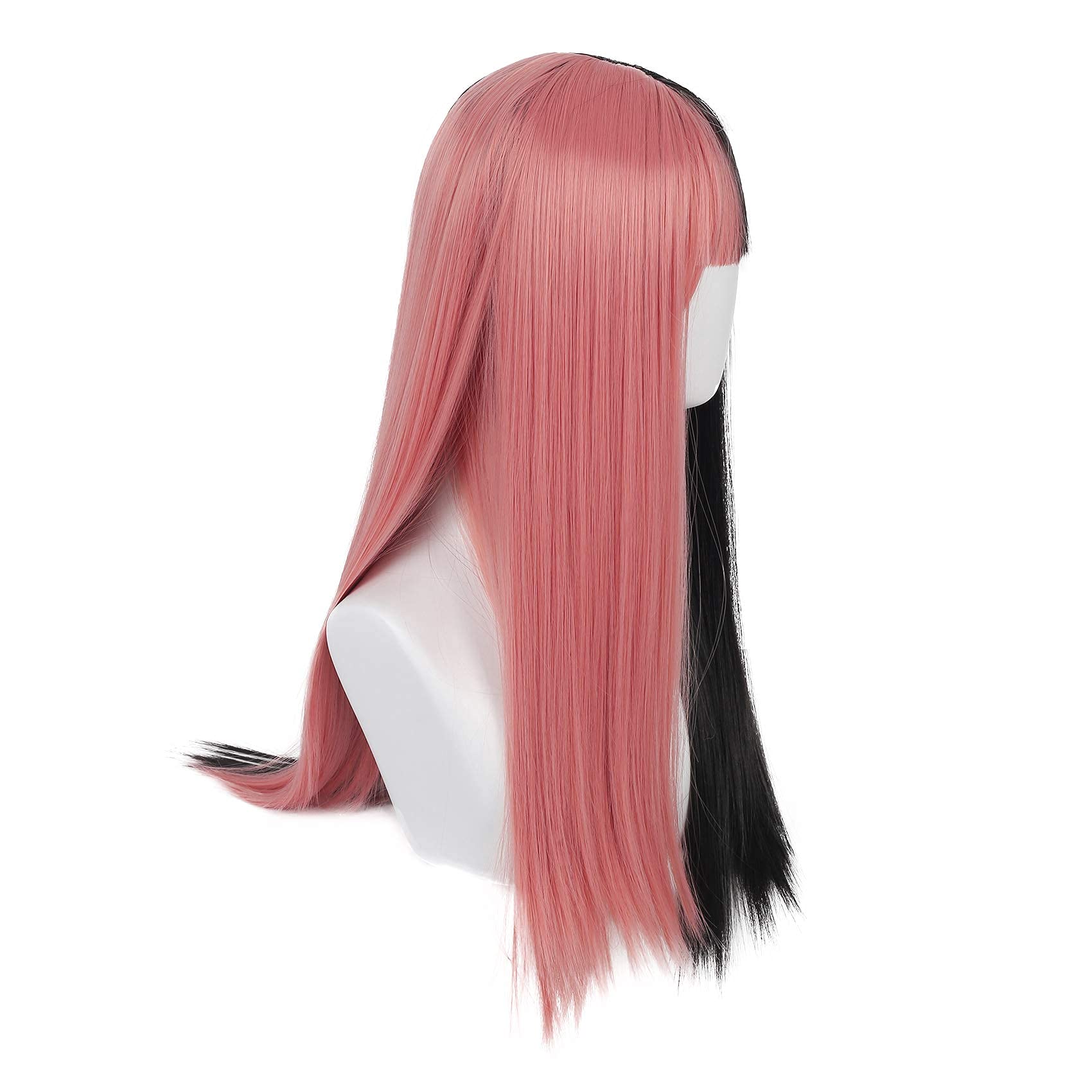 Swiking Lolita Wig - Half Pink, Half Black, Long Straight Cosplay Wig With Bangs, Natural Synthetic Hair