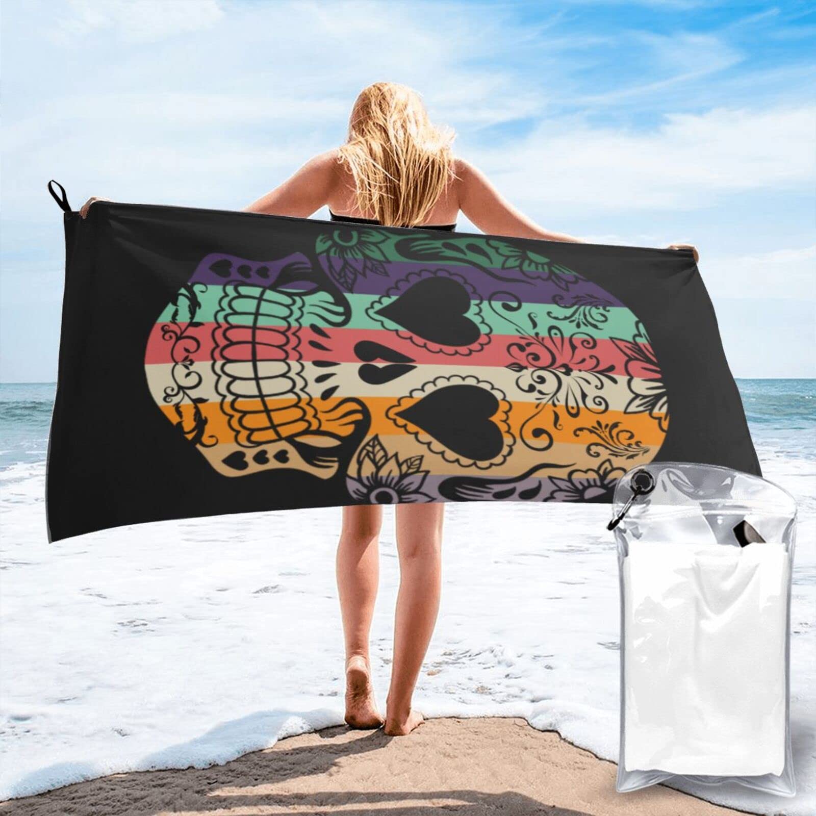 Lawenp Colorfully Skull Microfiber Beach Towel Adults Large Quick Drying Bath Towel Travel Towels with Pouch 31.5"x63"