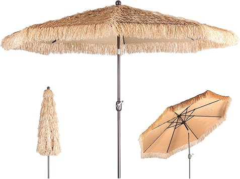 BPS 10FT Thatch Patio Umbrella, Tiki Style Outdoor Umbrella with Crank Lift for Poolside, Backyard, Beach - Natural Straw Look No Base
