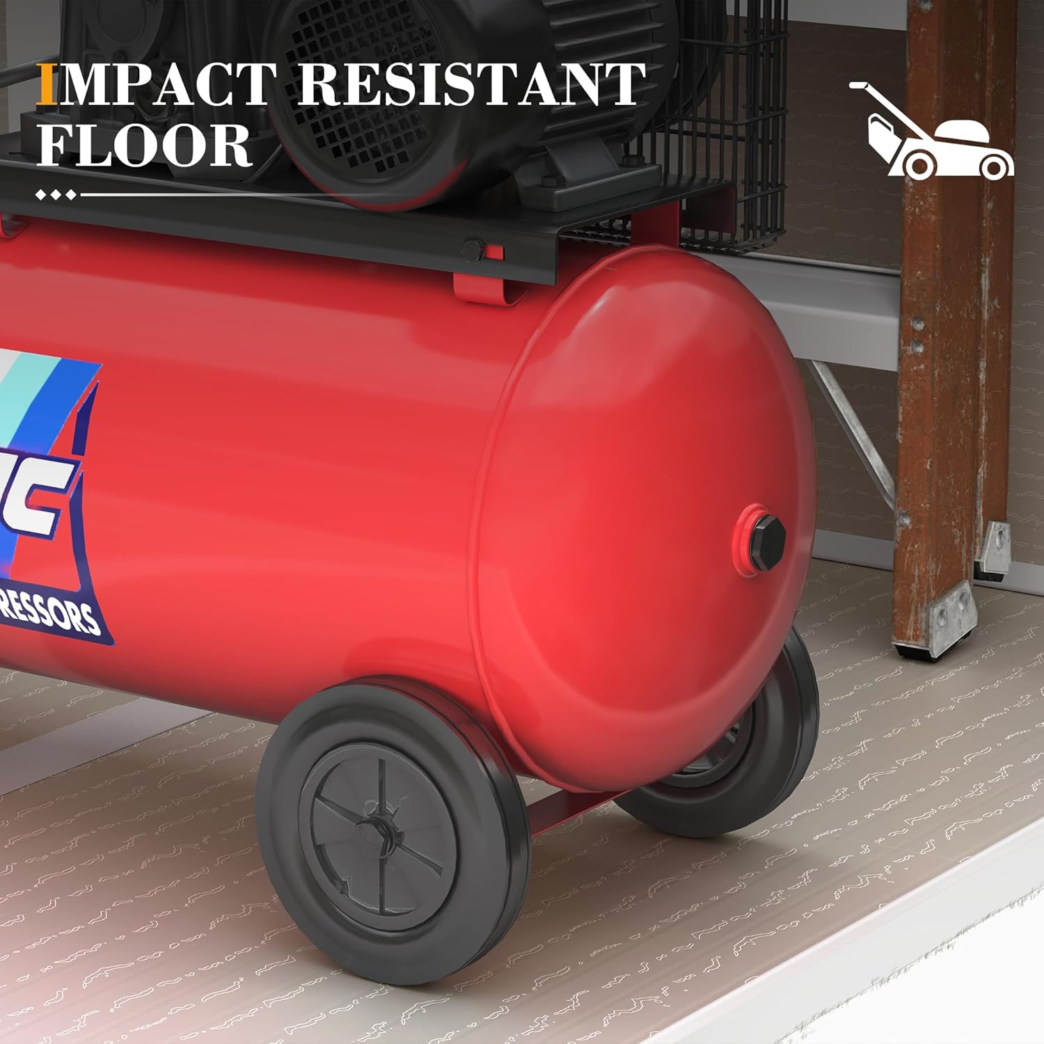 Close-up of the shed's impact-resistant floor, designed to withstand heavy items like lawnmowers.